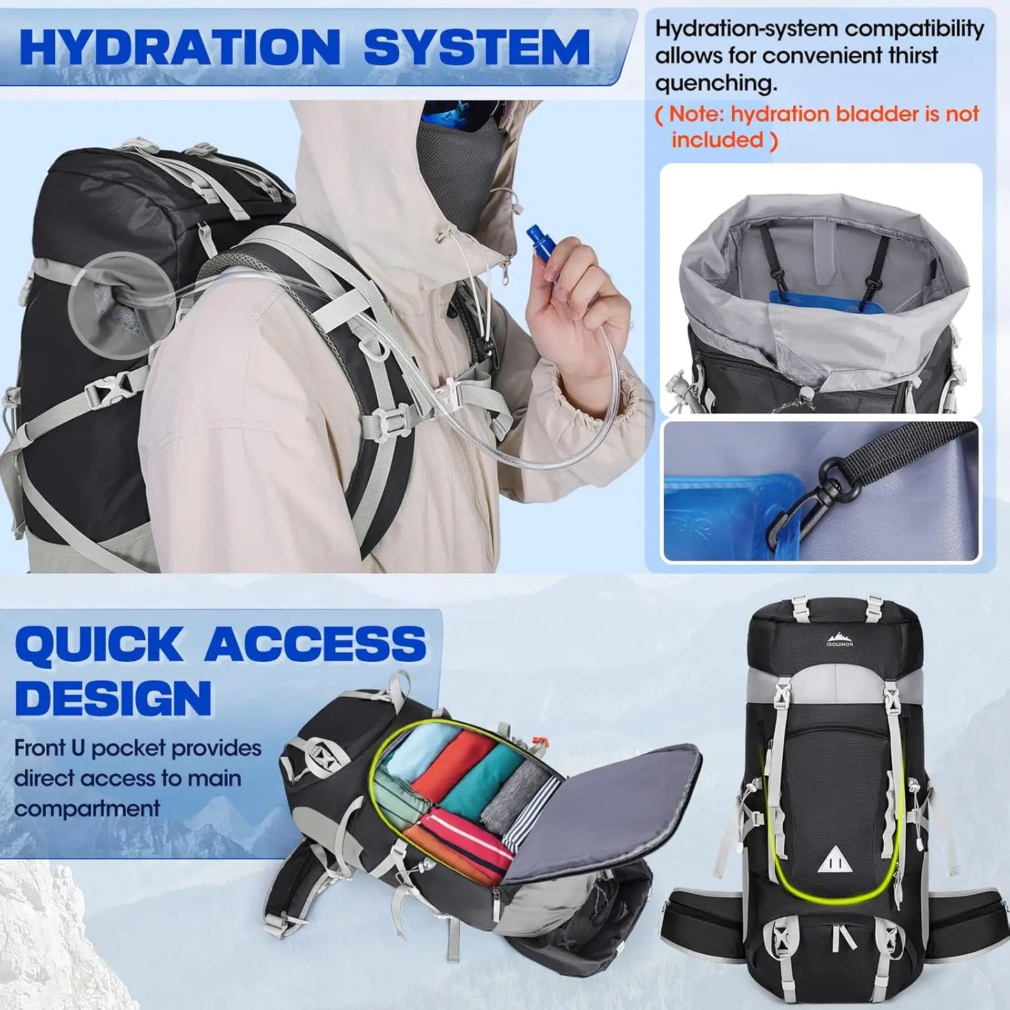60L Waterproof Hiking Backpack with Rain Cover, Lightweight Camping Backpack for Men and Women