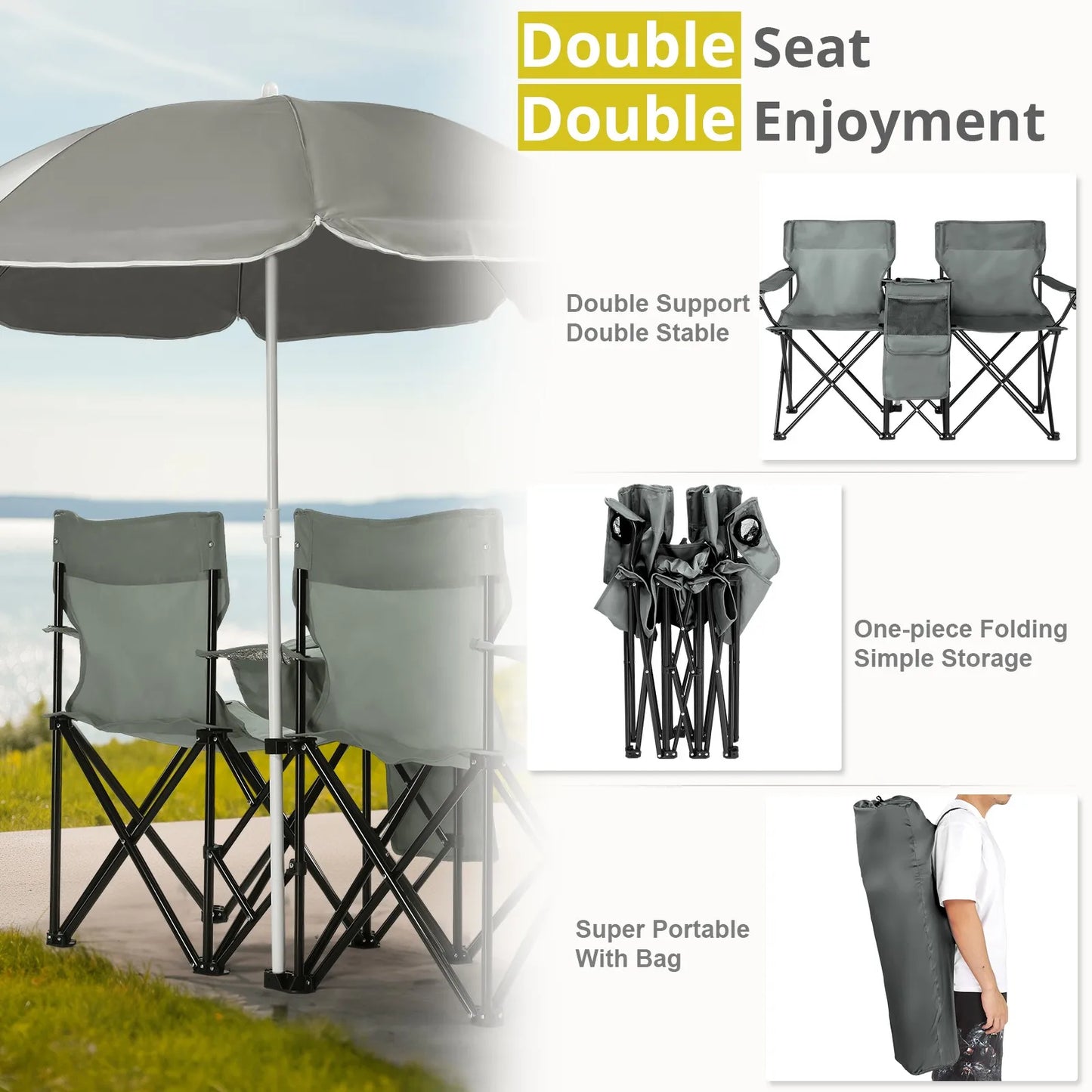 Folding Camping Outdoor Picnic Double Chairs with Umbrella Table Cooler Beach