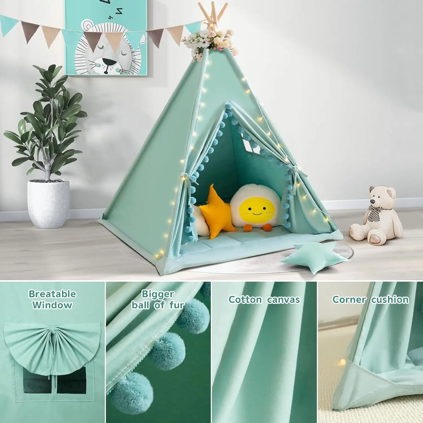 Kids Teepee Tent with Padded Mat, Stars Lights, Carry Bag - Green Indoor Play Tent for Boys and Girls