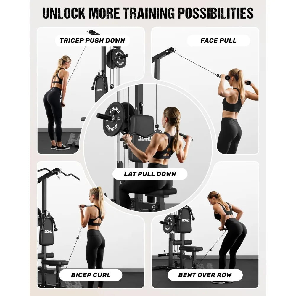 LS01 LAT Pulldown Machine, LAT Row Cable Machine with AB Crunch, LAT Tower with Cable Row Attachments, 3 in 1 Pulley Stations