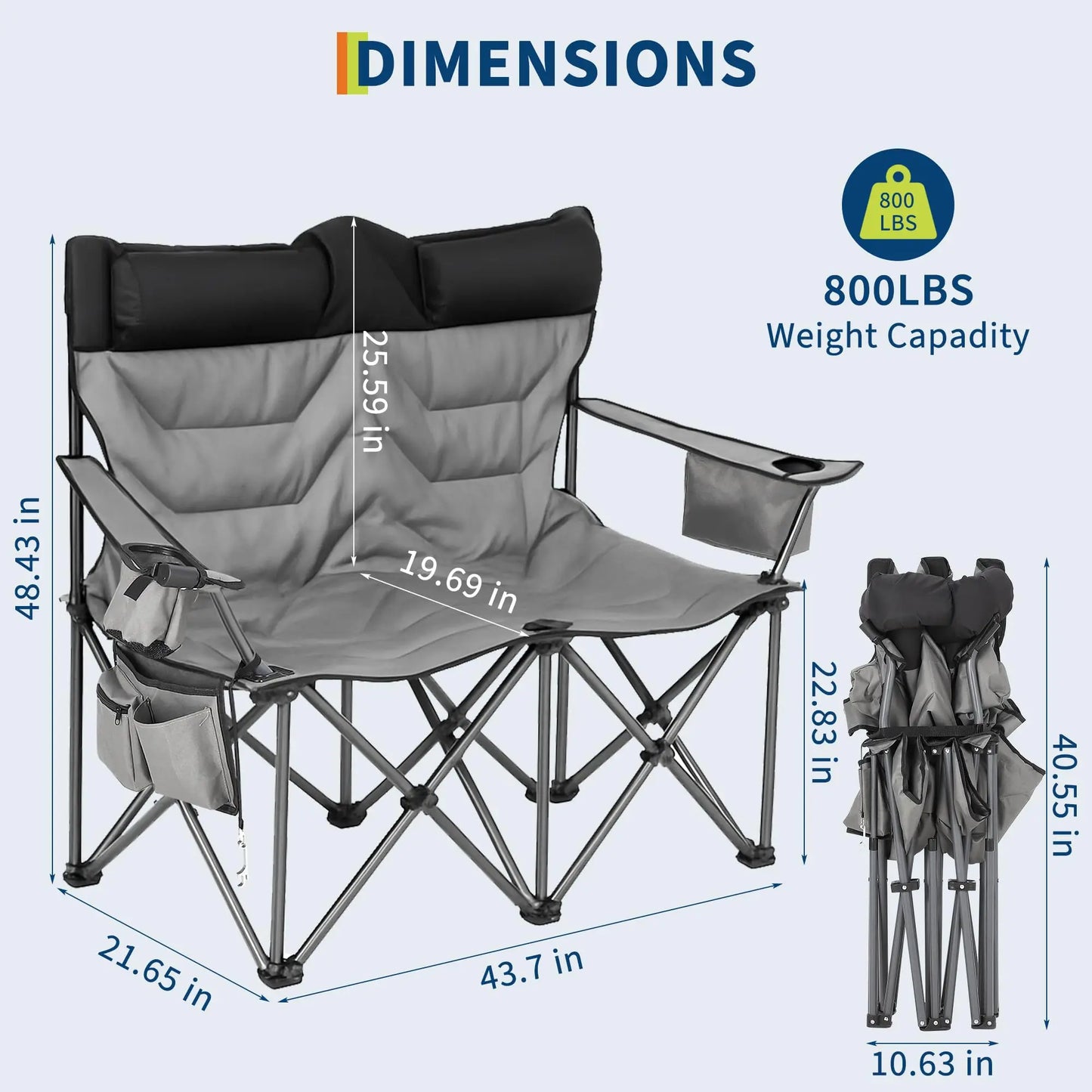 Oversized Camping Chair, 900LBS Capacity Fully Padded Folding Loveseat With Cup Holders & Carry Bag For Outdoor Activities