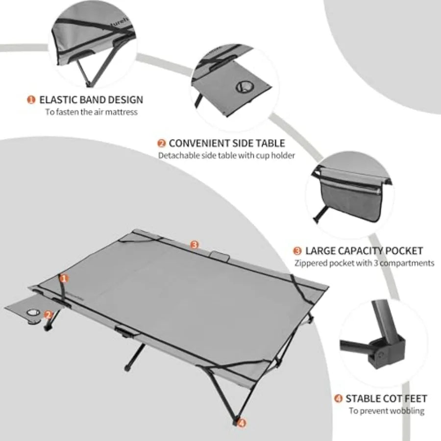 Queen-Sized Airbed Cot Combo Folding 2 Person Camping Cot with Air Mattress Side Table and Wheeled Carry Bag Camping Bed for Ou
