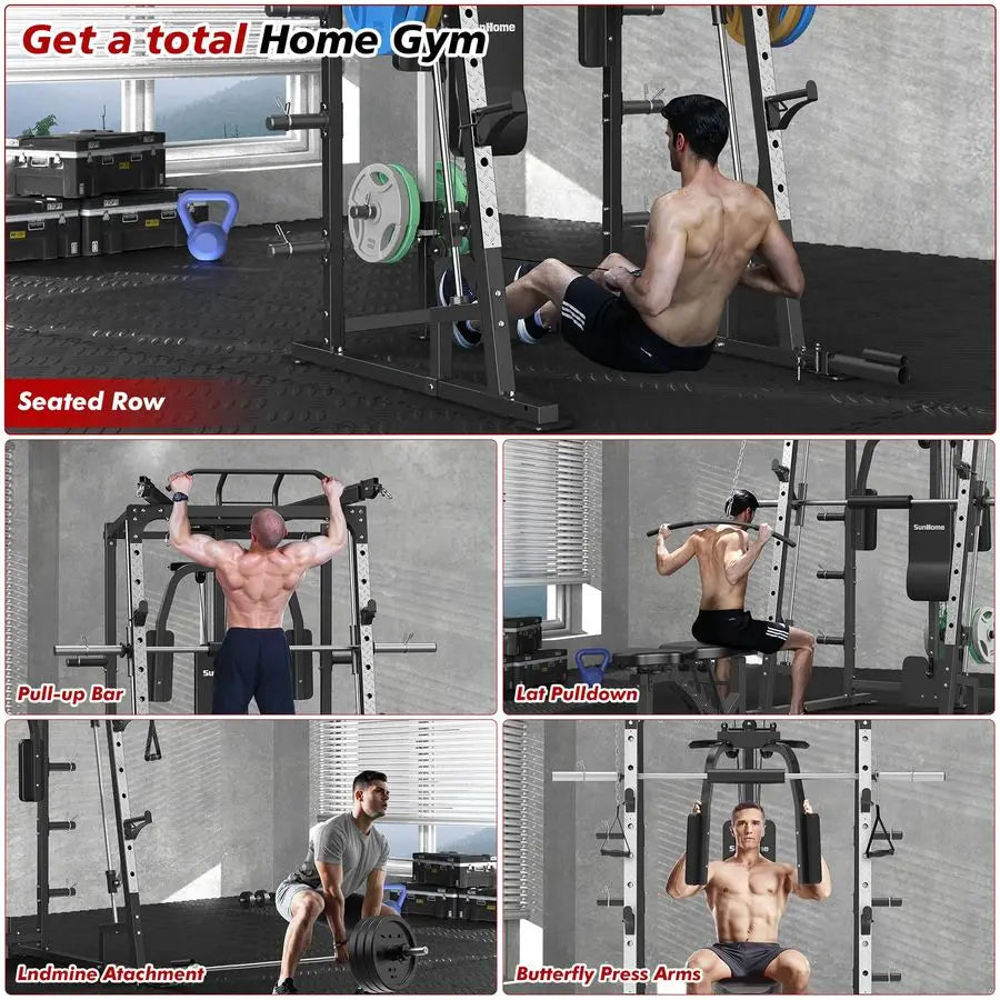 Smith Machine, Power Cage Squat Rack with Smith Bar, LAT PullDown Systems, Cable Crossover Machine and Cable Attachment for Hom