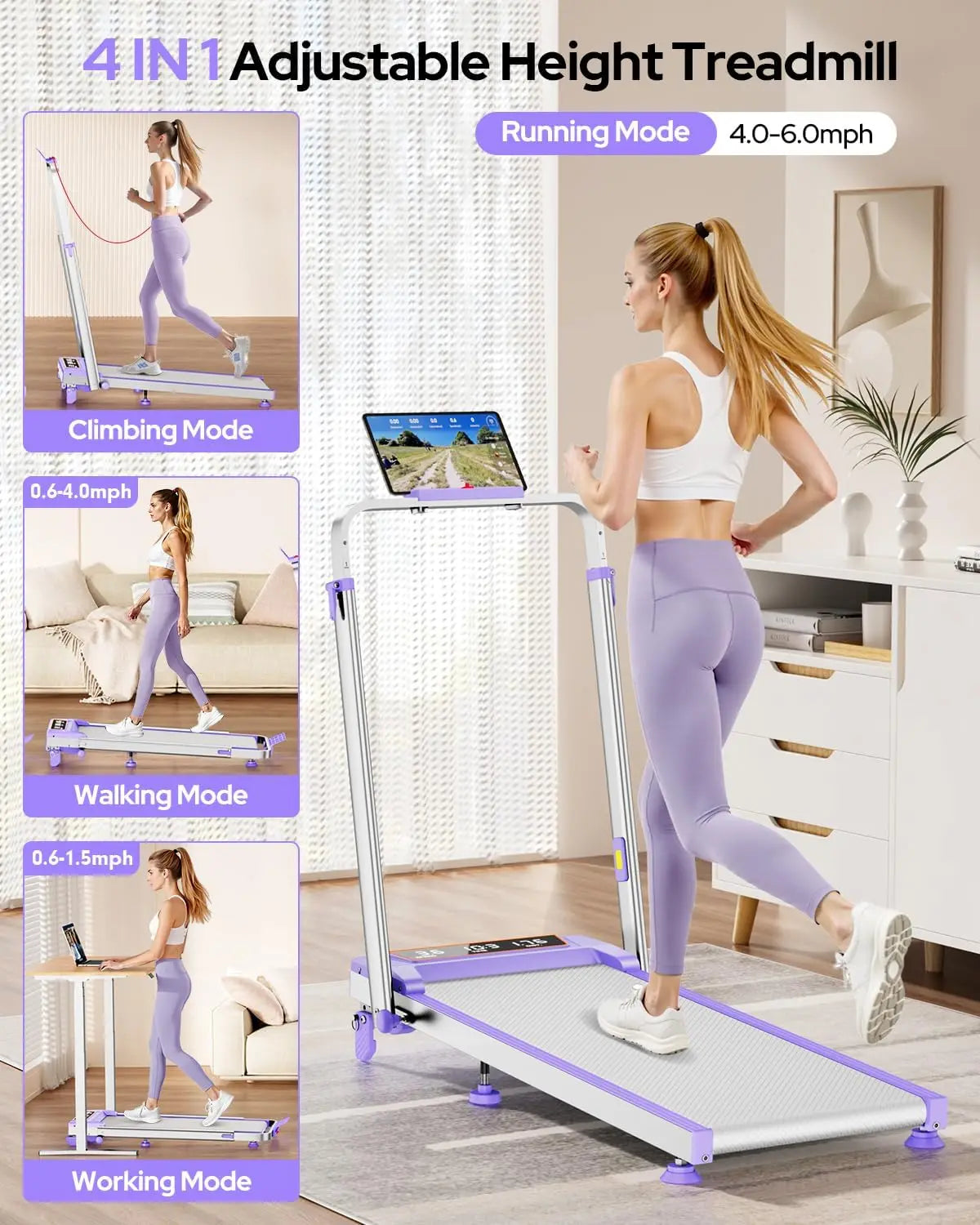 Walking Pad Treadmill with 15% Incline/Adjustable Height,3.5HP Walking Pad with Handle Bar,Foldable Under Desk Treadmill 350LBS