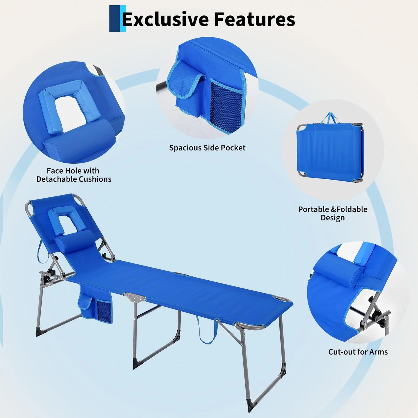 Portable Tanning Chair With Face Hole Folding Beach Lounge Chair 5-Position Face Down Chaise For Outdoor Poolside Patio