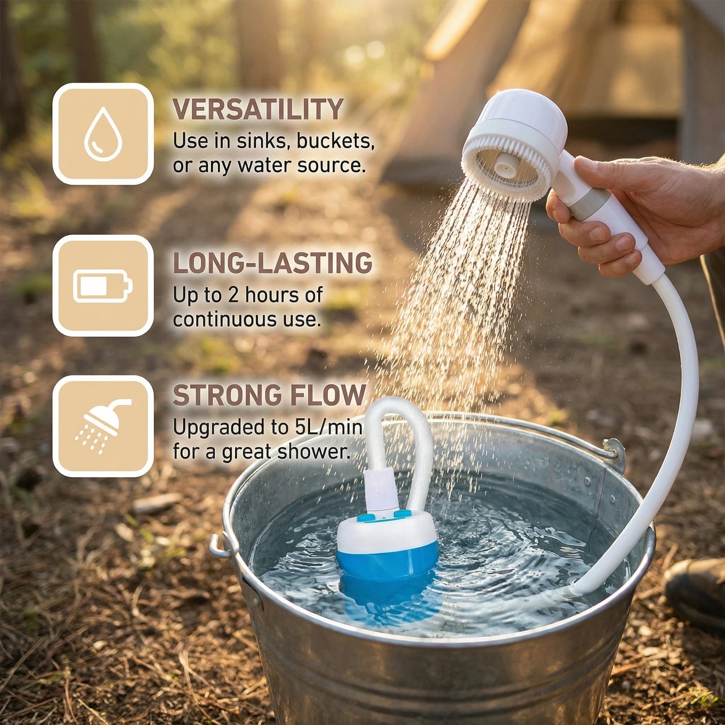 Portable Camping Shower Pump Built-in 4000mAh Rechargeable Battery Outdoor Shower Head Sprayer for Camping RV Travel Pet Bath