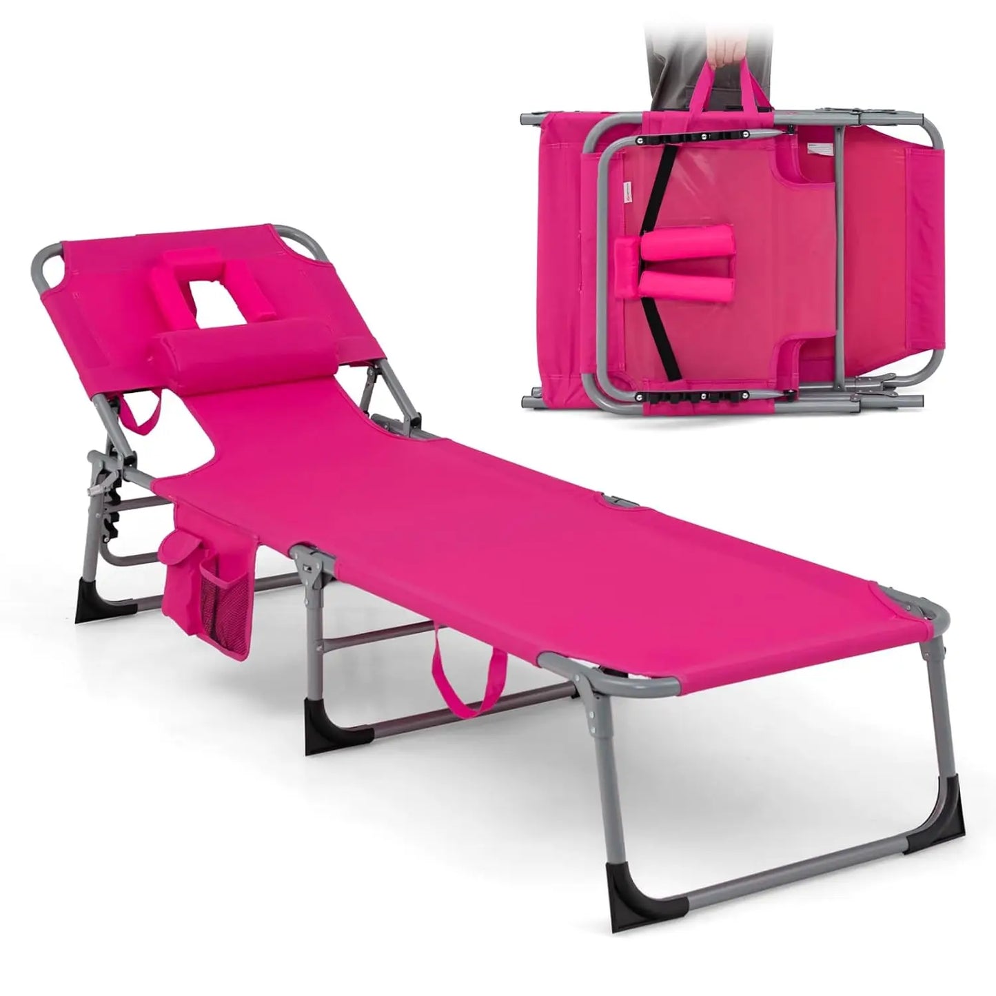 Tanning Chair, Folding Adjustable Patio Lounge Chair with Face Hole, Removable Pillow, Carry Strap, Customized