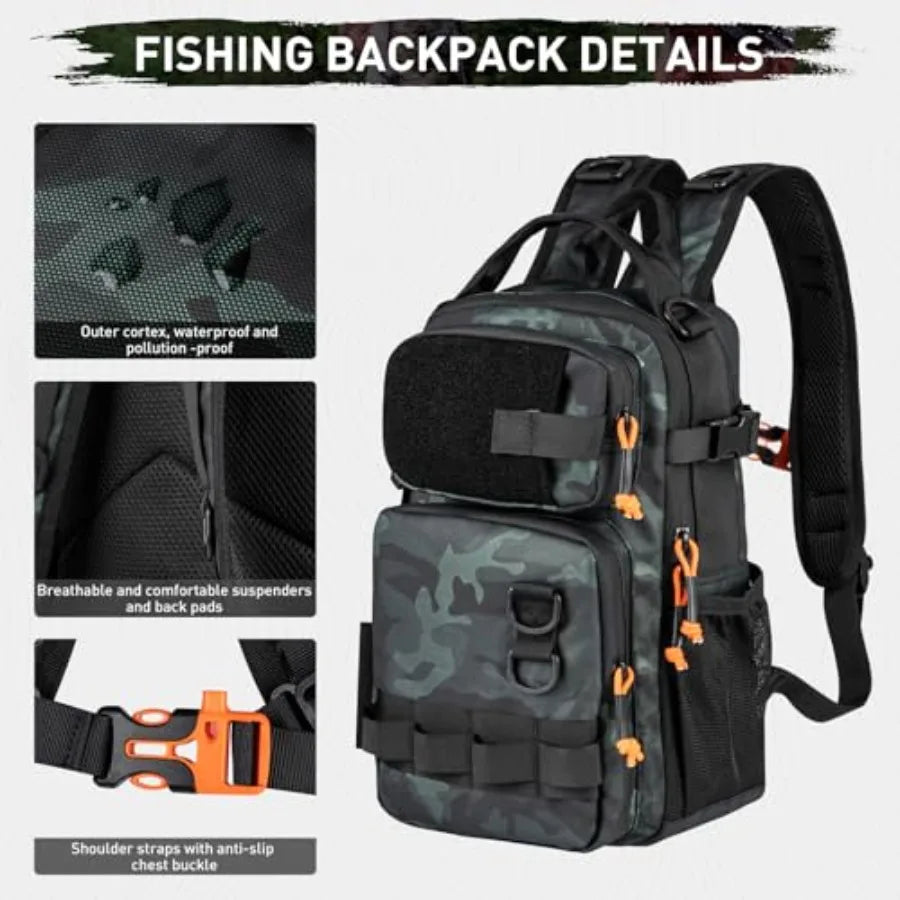 Fishing Backpack with Rod Holder for Men Women Water-Resistant Black Camo Fishing Tool Kit with Lures Tackle Box and Pl