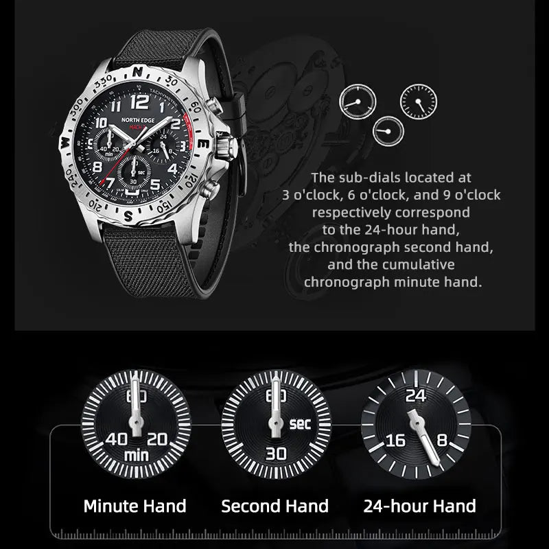 NORTH EDGE 2025 MACH 2 Men's Watches Solar Power 316 stainless steel Case Quartz Watch For Men Pilot Waterproof 50M Stopwatch