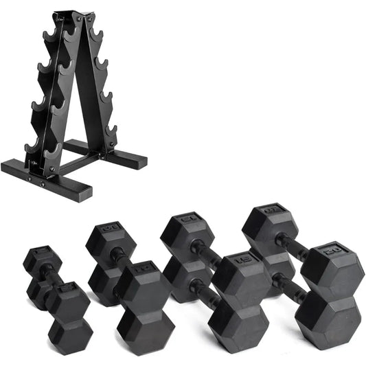 Rubber Coated Dumbbell Weight Set with Vertical Rack 100 lb 150 lb 210 lb Options in Black for Home Gym Use