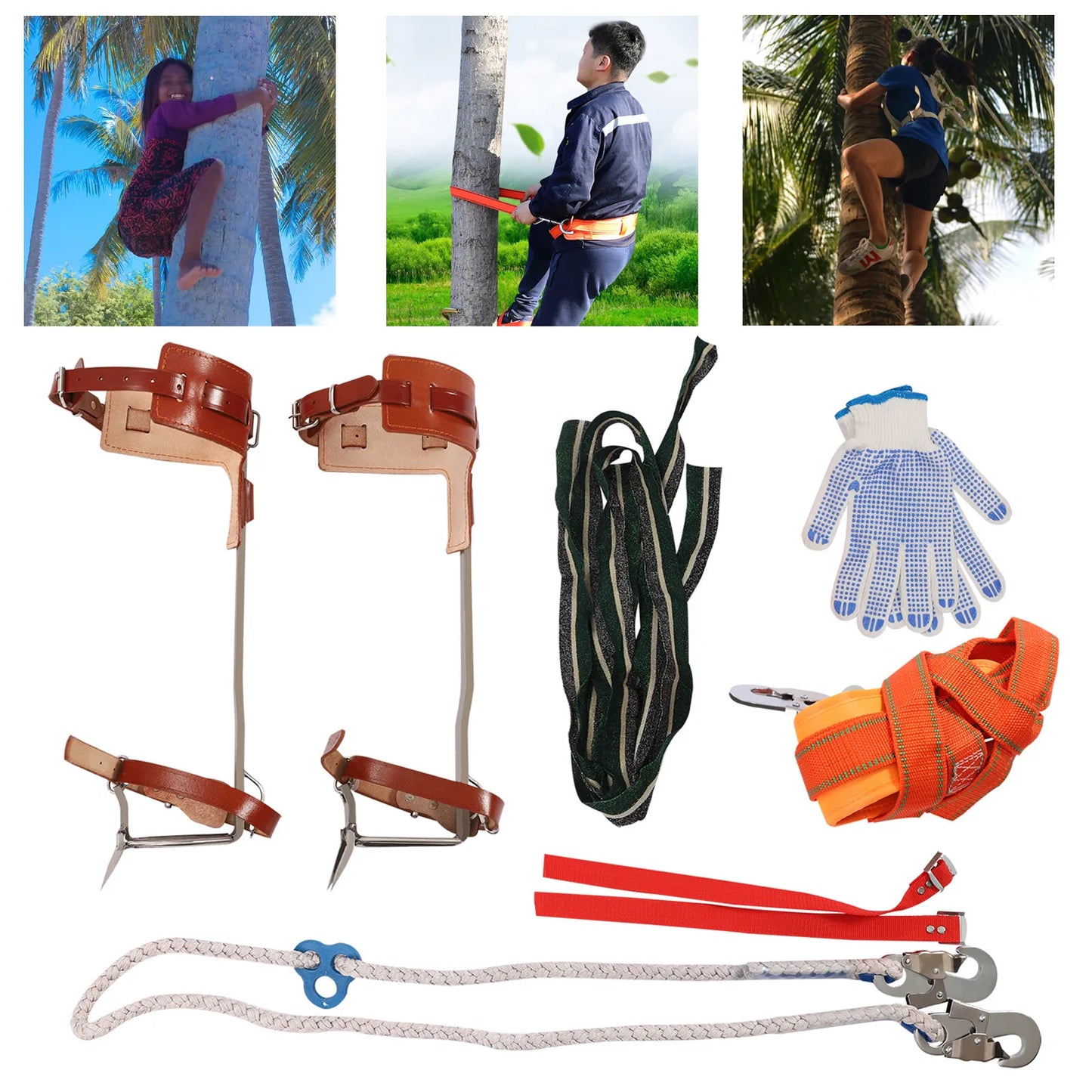 Climbing Pitons Tree Climbing Gear Kit with Safety Harness Rope Gloves Stainless Steel Double Claw Tree Climbing Tools