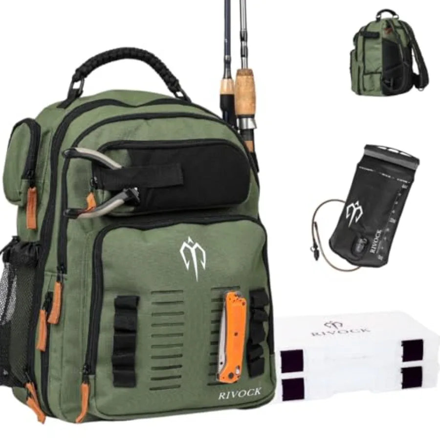 Fishing Tackle Backpack with Rod Holder 2 Tackle Boxes35L Tackle Storage Bag Insulated Cooler Backpack Hydration Bladder Hiking