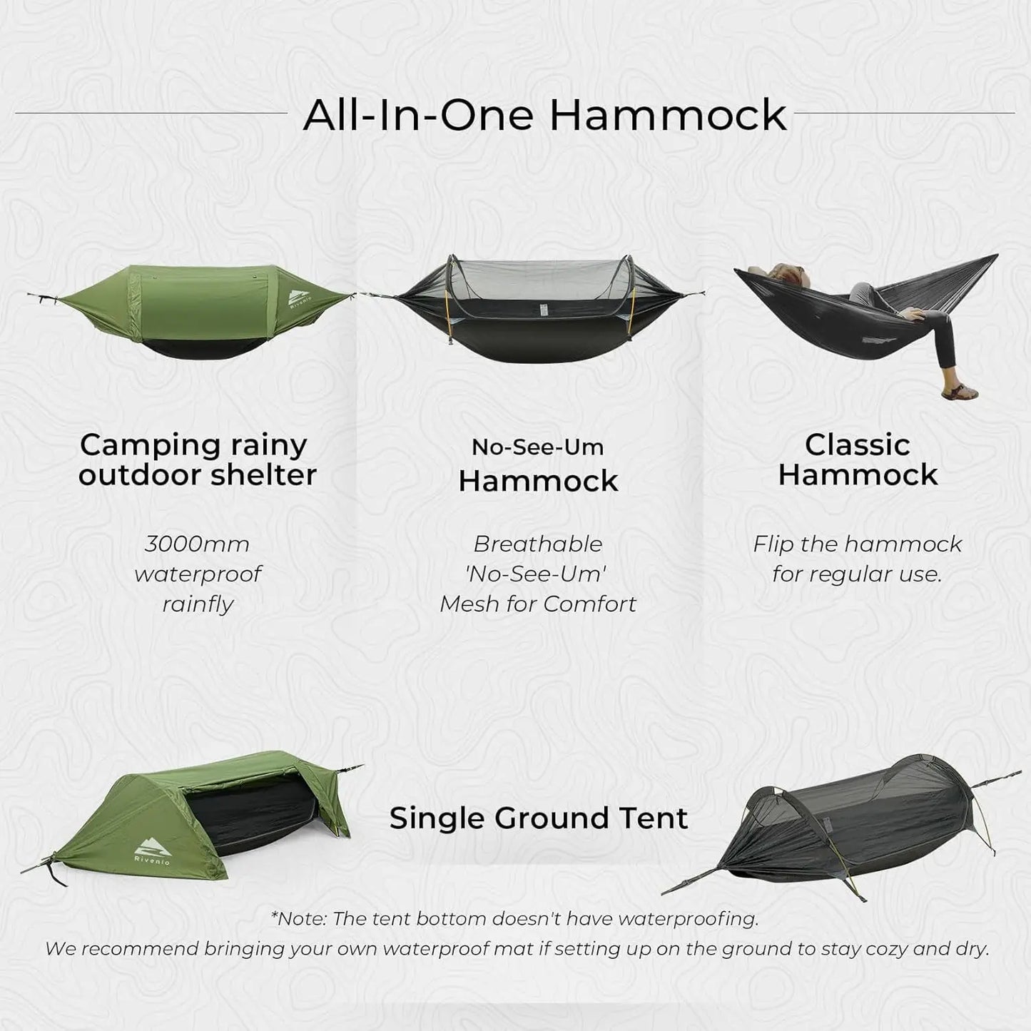 3-in-1 Waterproof Camping Hammock Tent with Mosquito Net & Rainfly, Lightweight Portable Outdoor Gear for Hiking Travel