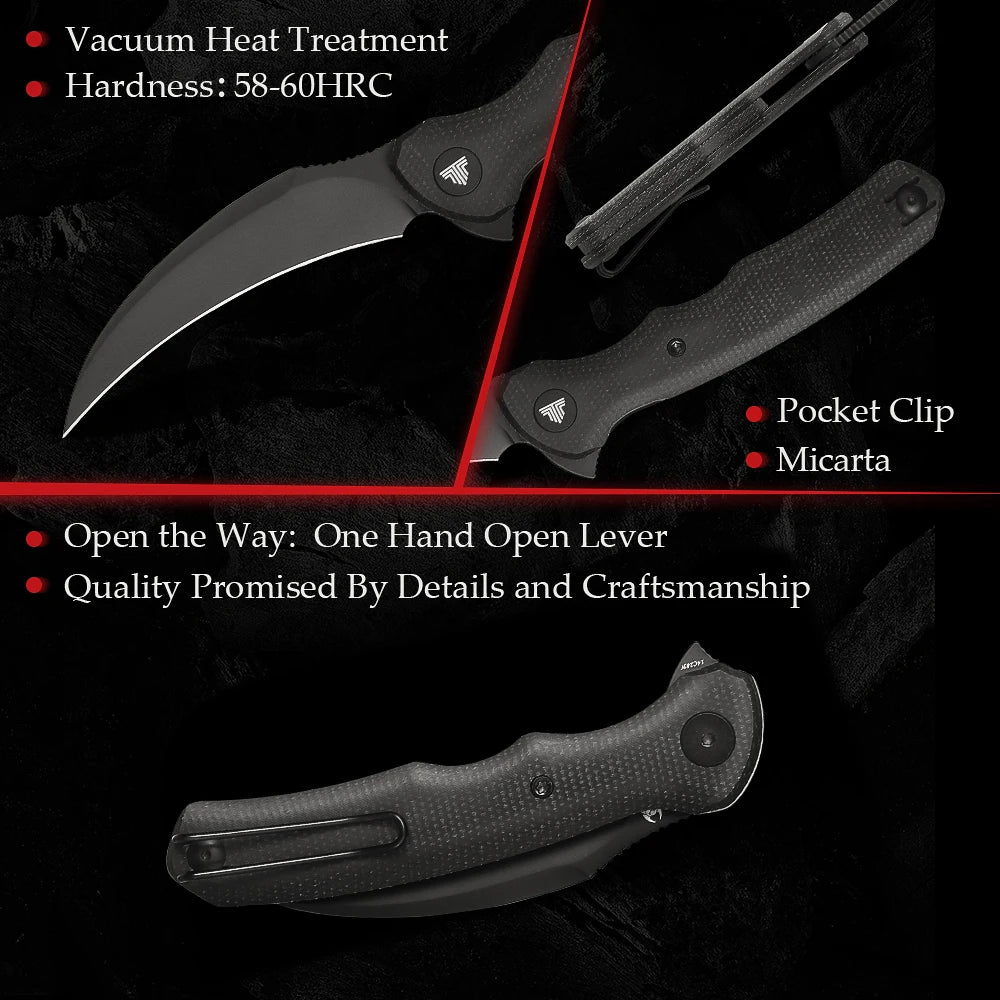 TRIVISA EDC Pocket Folding Knife for Men ,Pikal Flipper Knife with Clip，3.34" 14C28N Steel Hawkbill Blade & Micarta Handle