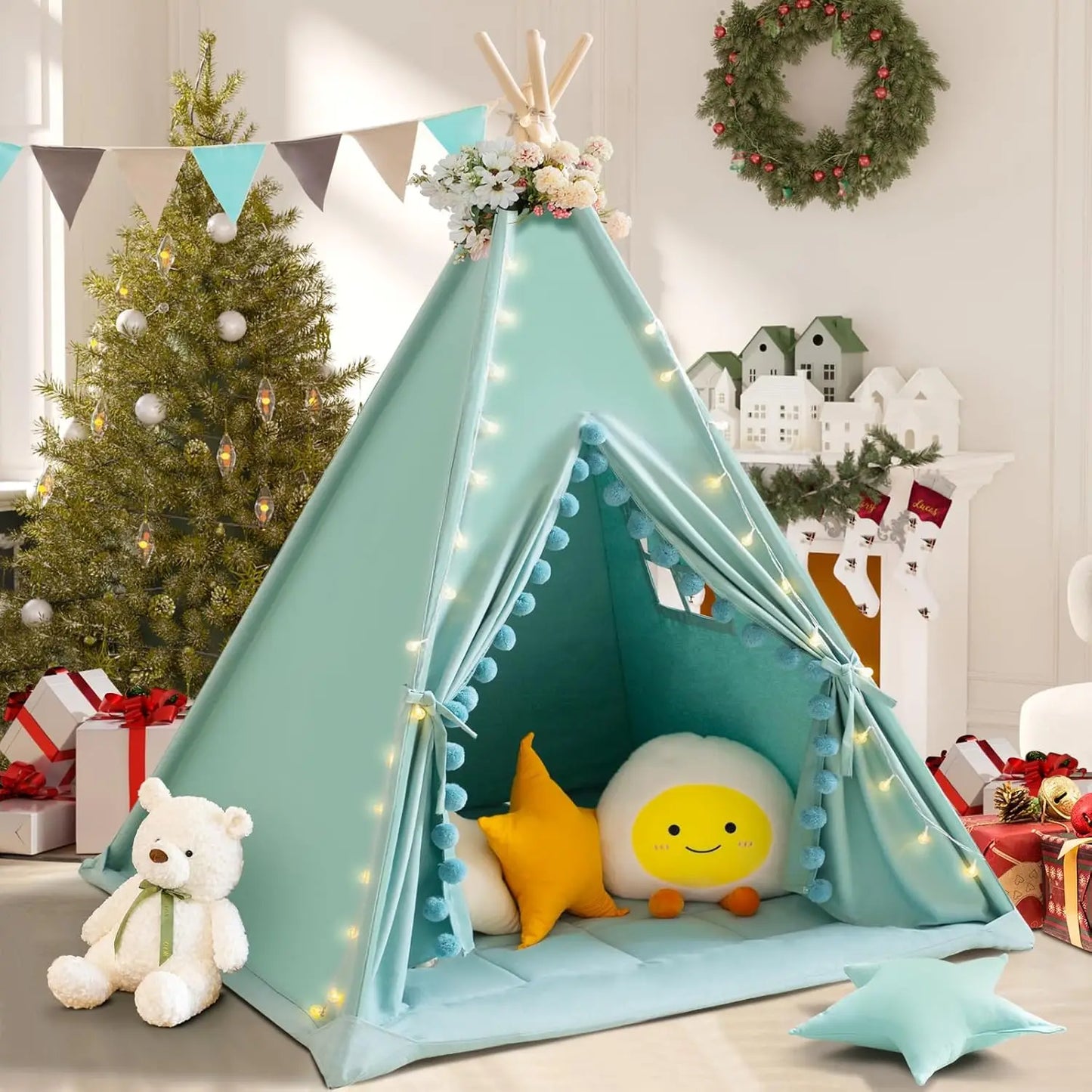Kids Teepee Tent with Padded Mat, Stars Lights, Carry Bag - Green Indoor Play Tent for Boys and Girls