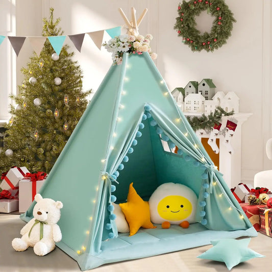 Kids Teepee Tent with Padded Mat, Stars Lights, Carry Bag - Green Indoor Play Tent for Boys and Girls