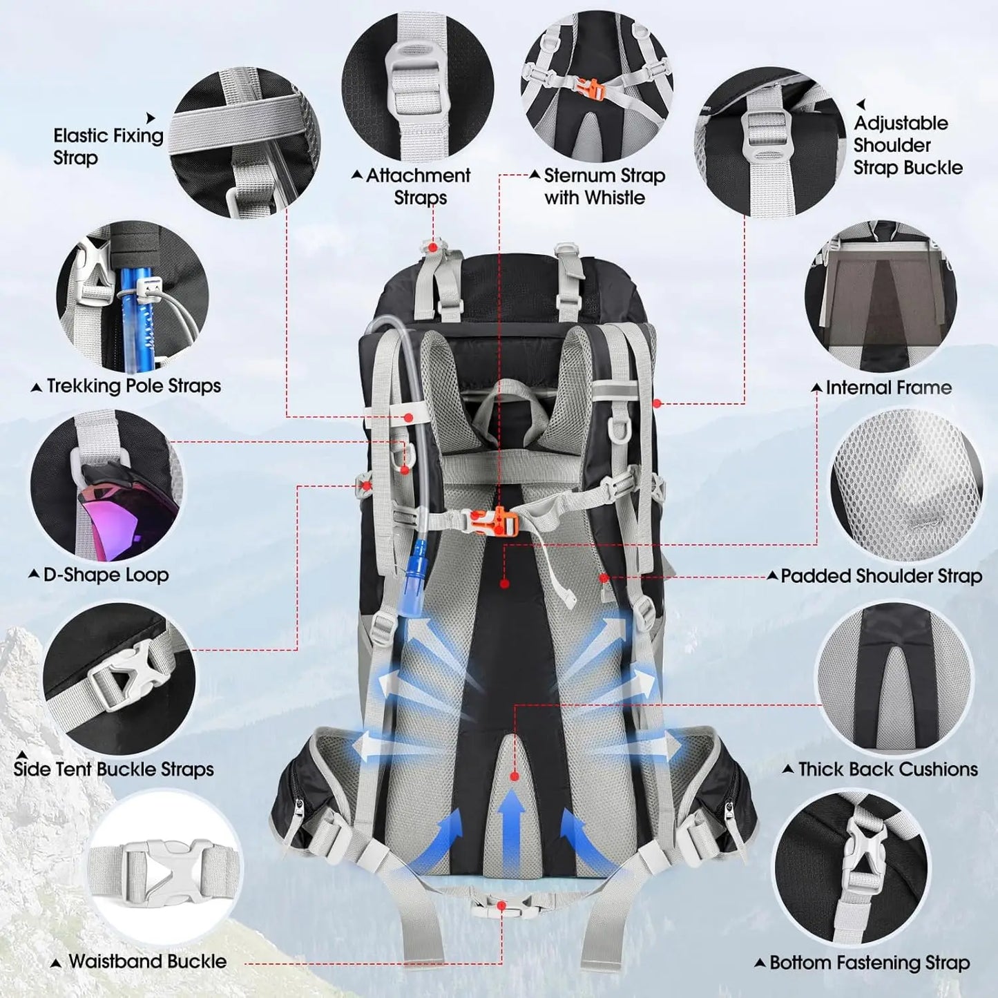 60L Waterproof Hiking Backpack with Rain Cover, Lightweight Camping Backpack for Men and Women