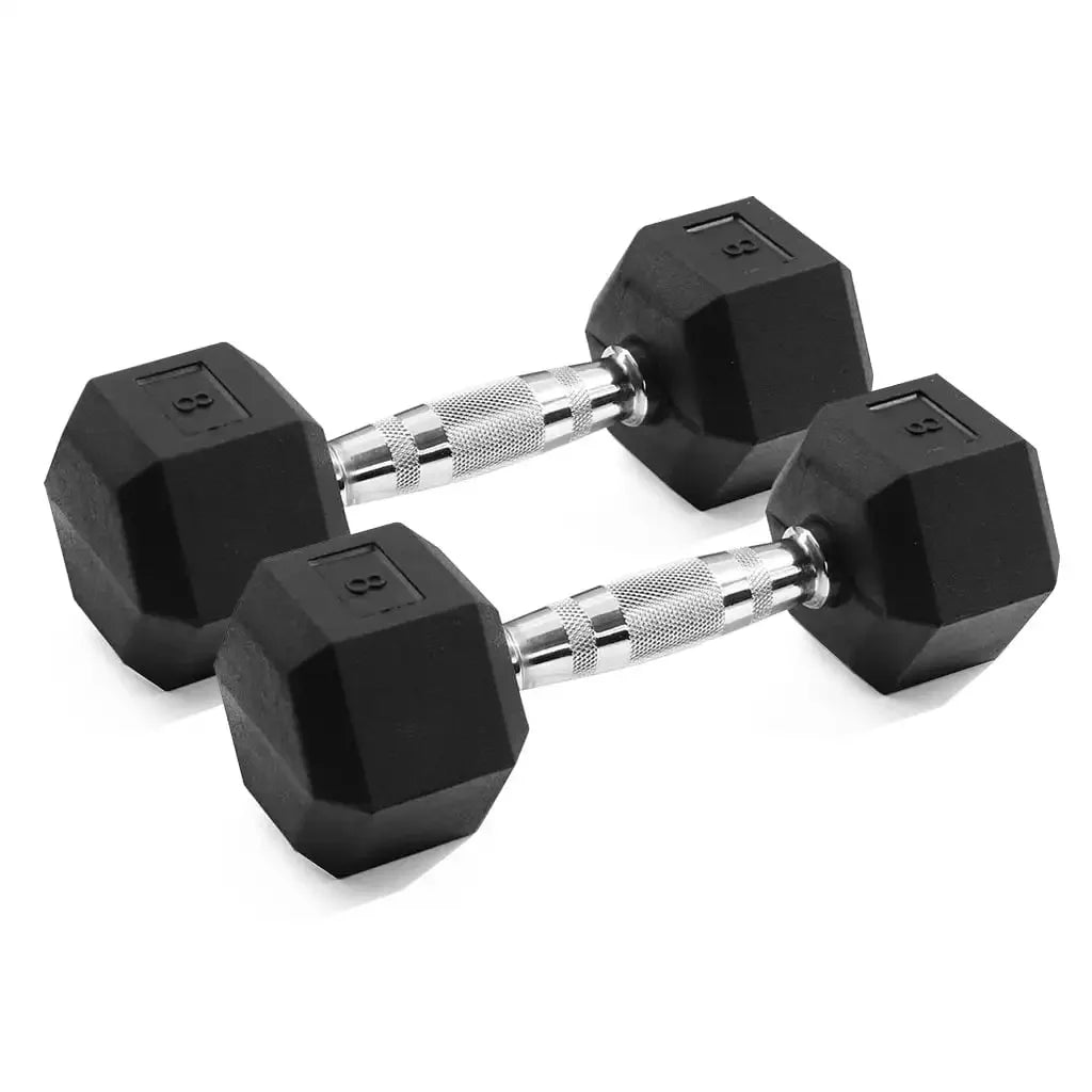 8 lb Rubber Hex Dumbbells, Pair，Handles: Chrome-plated steel handles for a comfortable grip.