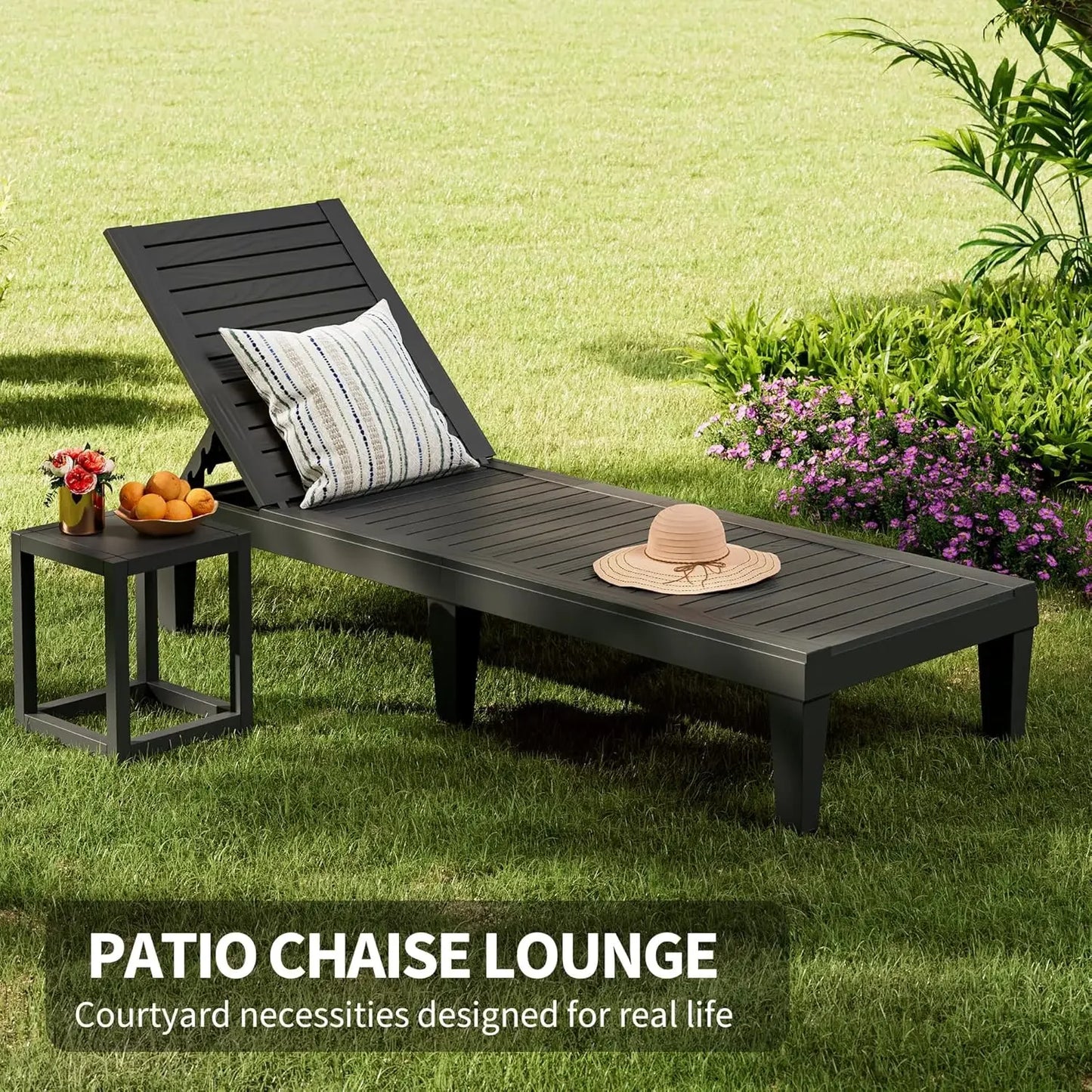 Set of 4 Outdoor Chaise Lounge Chairs 5-Position Adjustable Tanning Chair Wood Texture All-Weather Patio Lounger, Customized