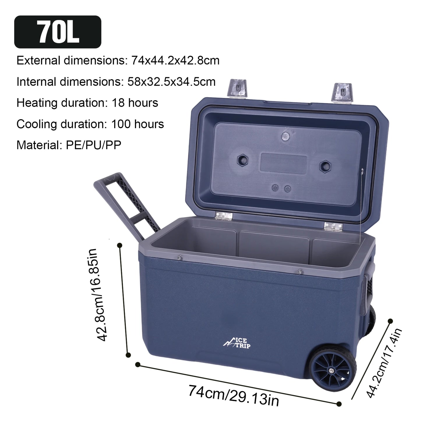72L Ultra-Light Wheeled Cooler Hard Insulated Portable Ice Chest Box for Beach/Drink/Beverage/Camping/Picnic/Fishing//Barbecue