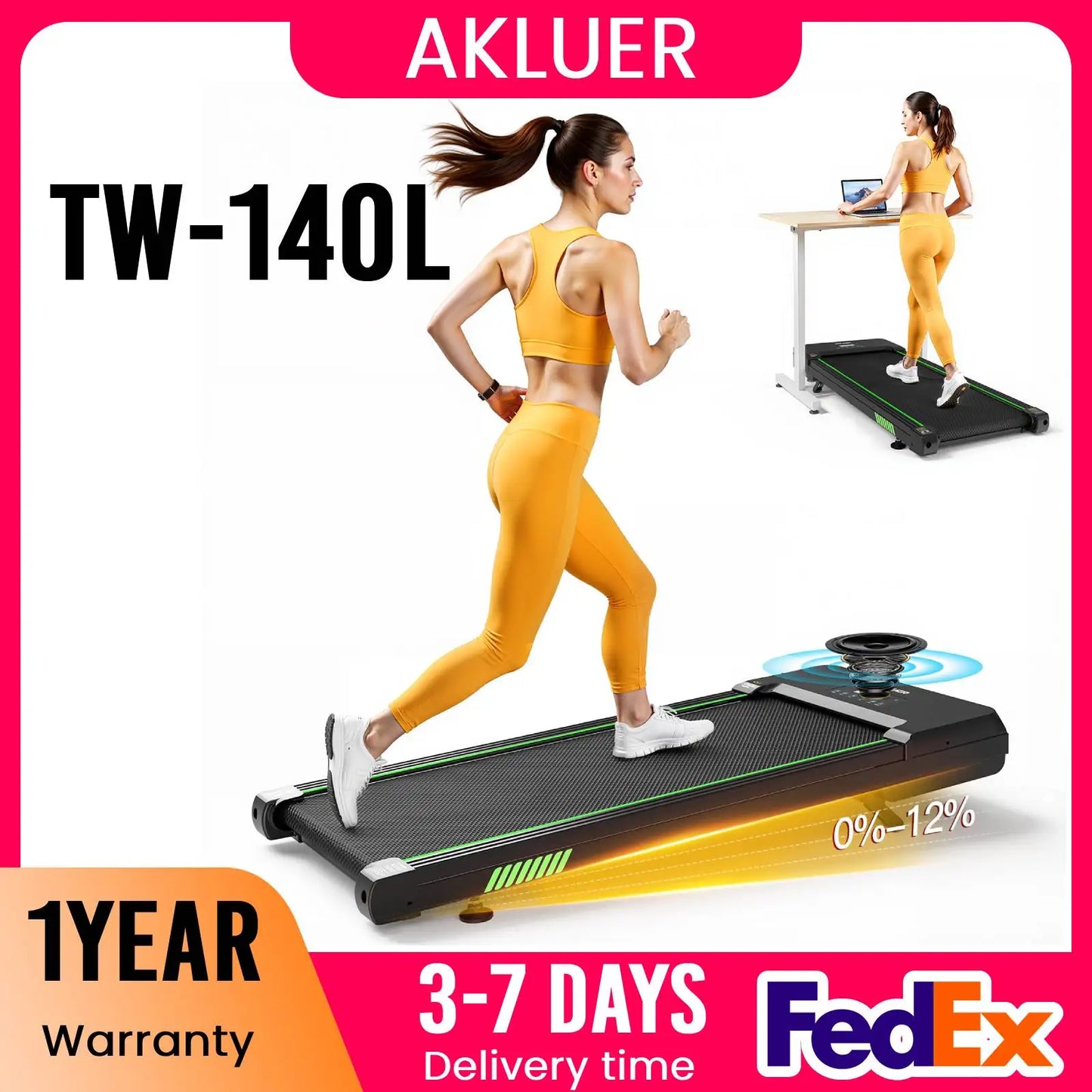 Akluer Walking Pad with 12% Auto Incline, 2.5HP Quiet Portable Treadmills with Smart App & Bluetooth Speaker for Home and Office