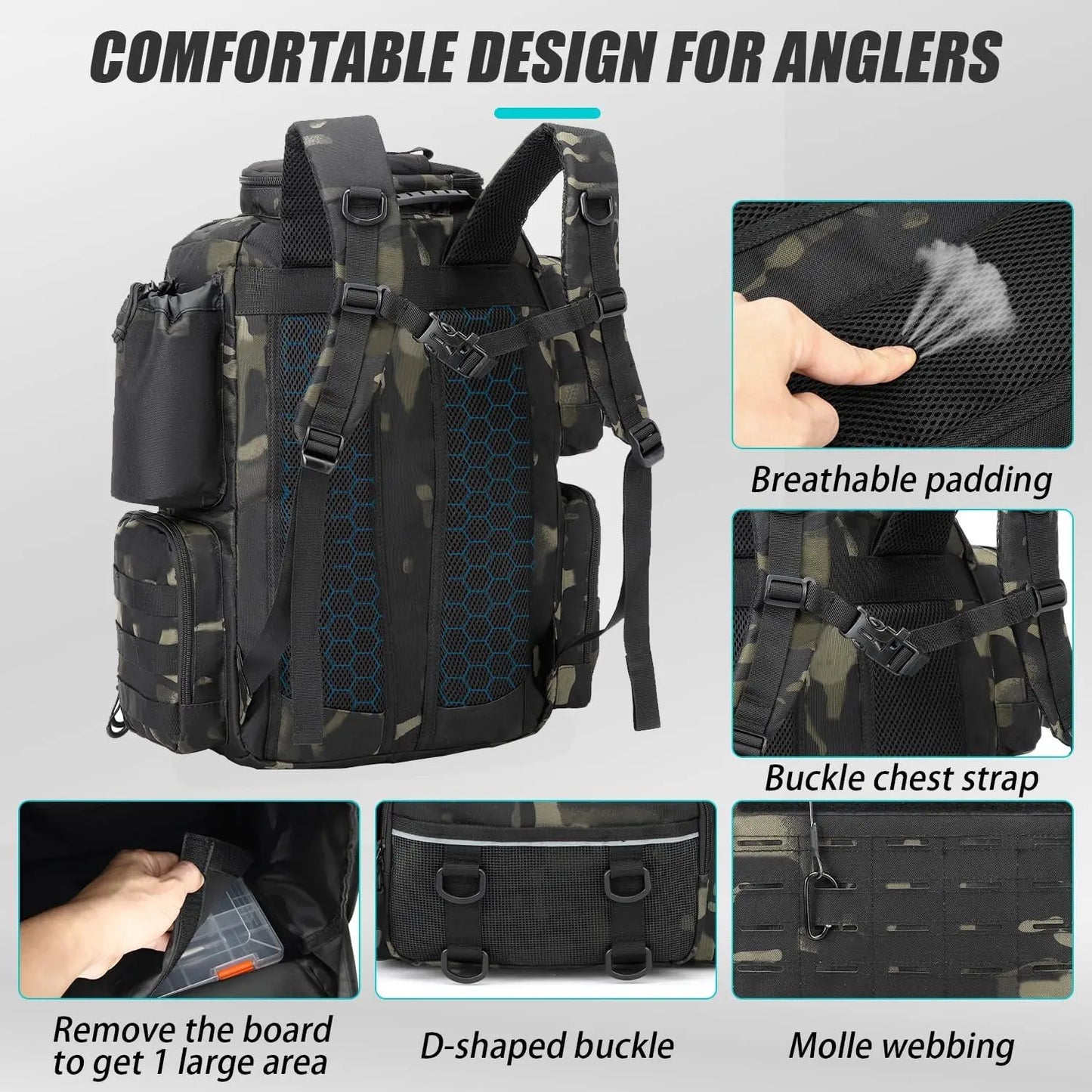 Large Insulated Fishing Backpack with Tackle Boxes, Rod Holders, Cooler - 50L Tactical Gear for Outdoor Adventures
