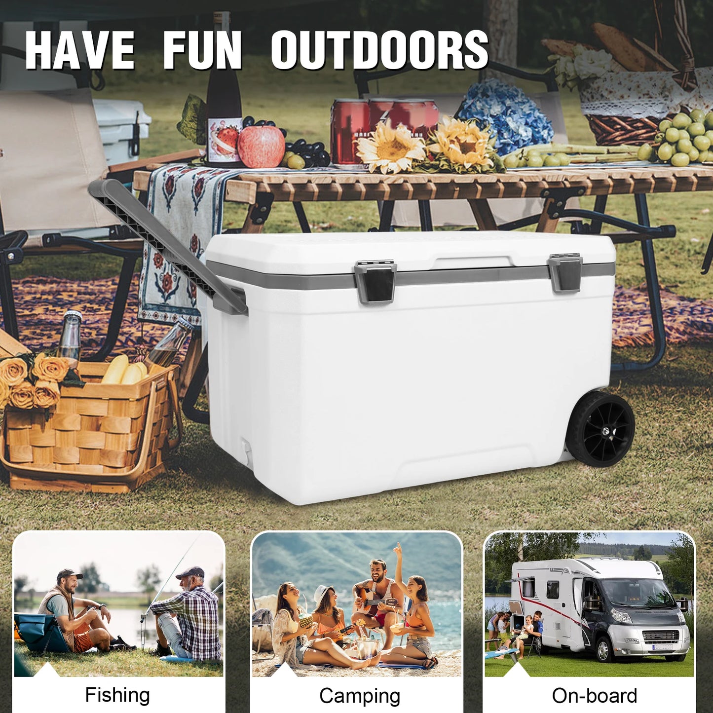 70L Wheeled Cooler 30 Percent Lighter Than Rotomolded Camping Cooler with Handle for Beach Drink Beverage Camping Picnic Fishing
