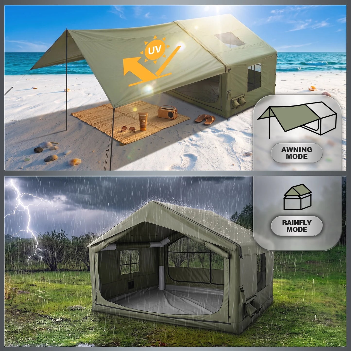 12'x10' Inflatable Tent House with Rainfly/Canopy for 4-6 Person,4 Season Blow up Tent with Tarp Waterproof Easy Setup Air Tent