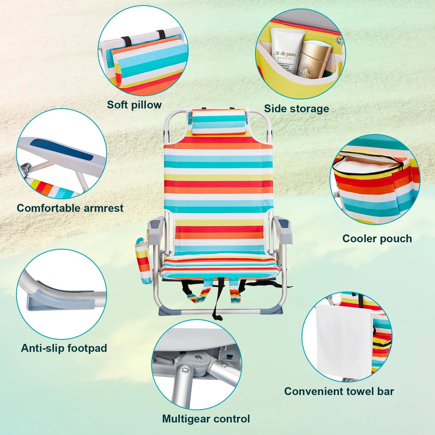 63*65*82cm Short Oxford Cloth Silver White Aluminum Tube Bearing 100kg Beach Chair Rainbow Stripes