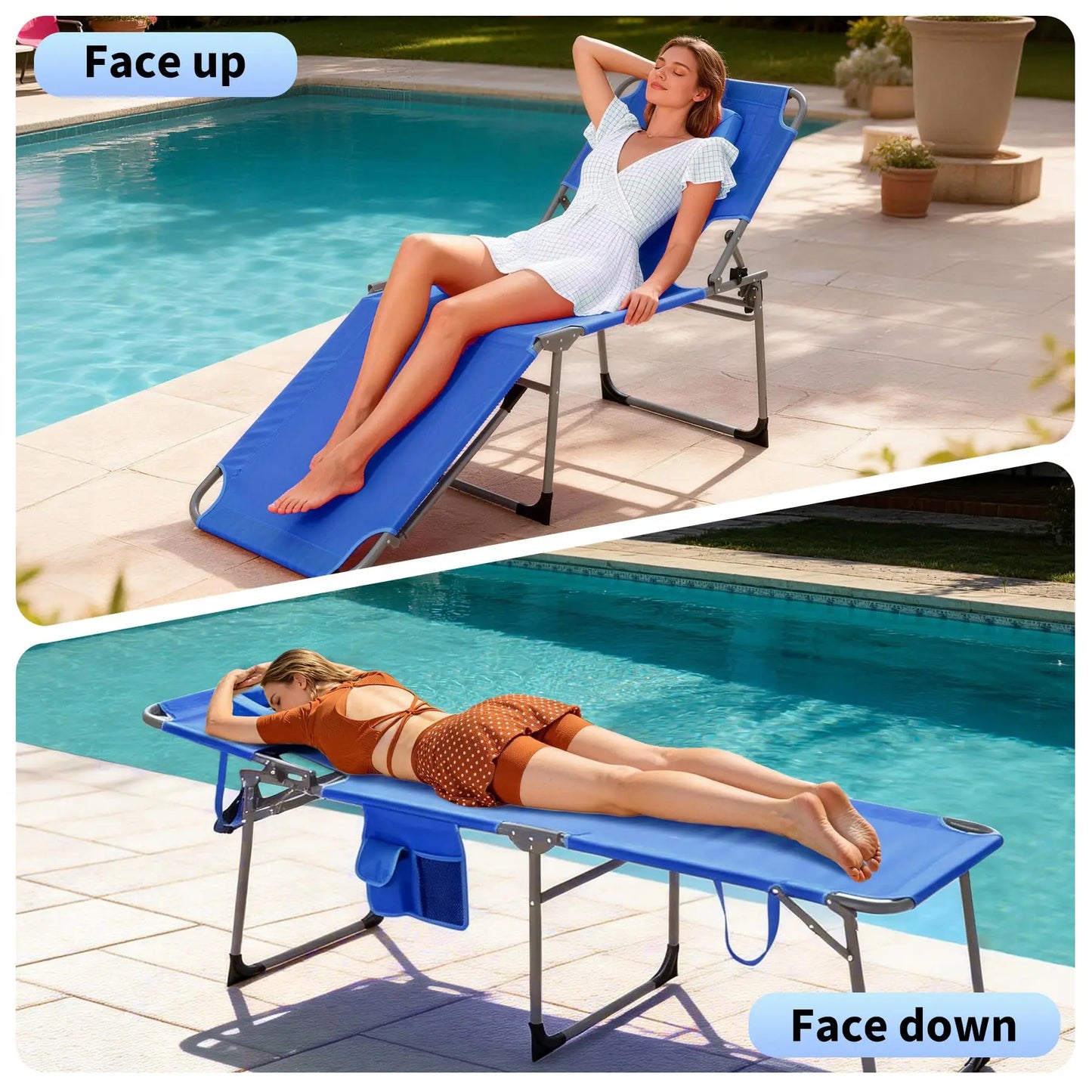 Portable Tanning Chair With Face Hole Folding Beach Lounge Chair 5-Position Face Down Chaise For Outdoor Poolside Patio