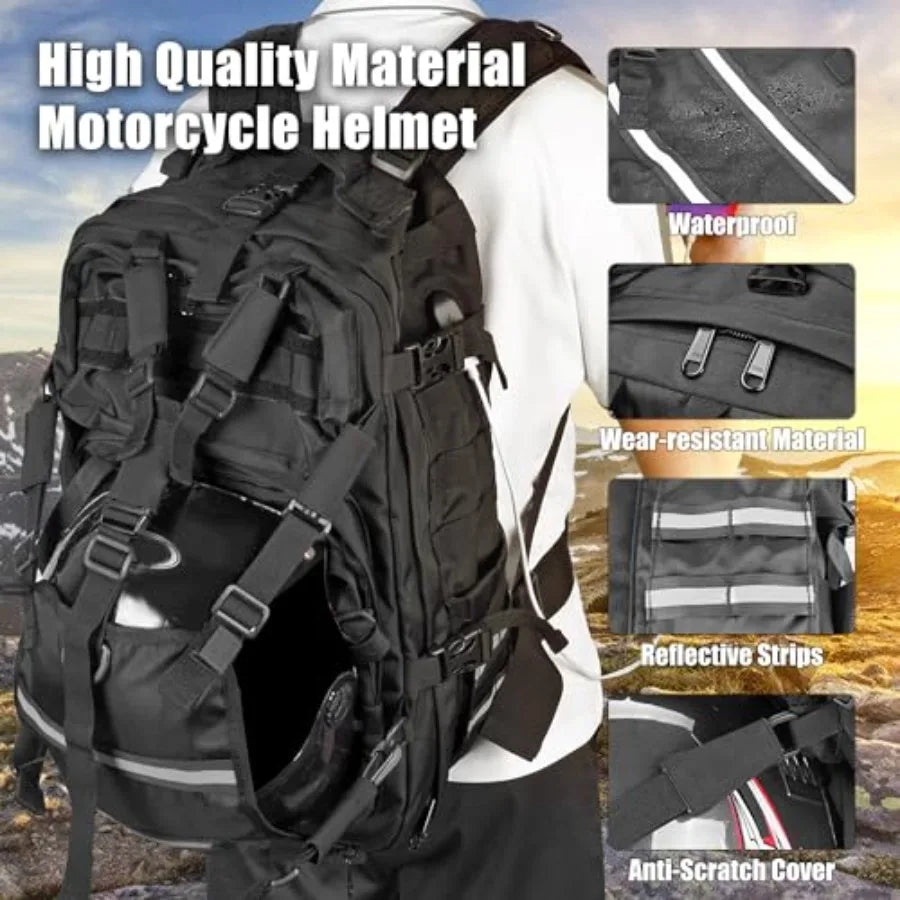 Helmet Backpack for Motorcycle Riding Cycling Waterproof Large Capacity Daily Backpack with Helmet Holder Weather-Resistant Hik