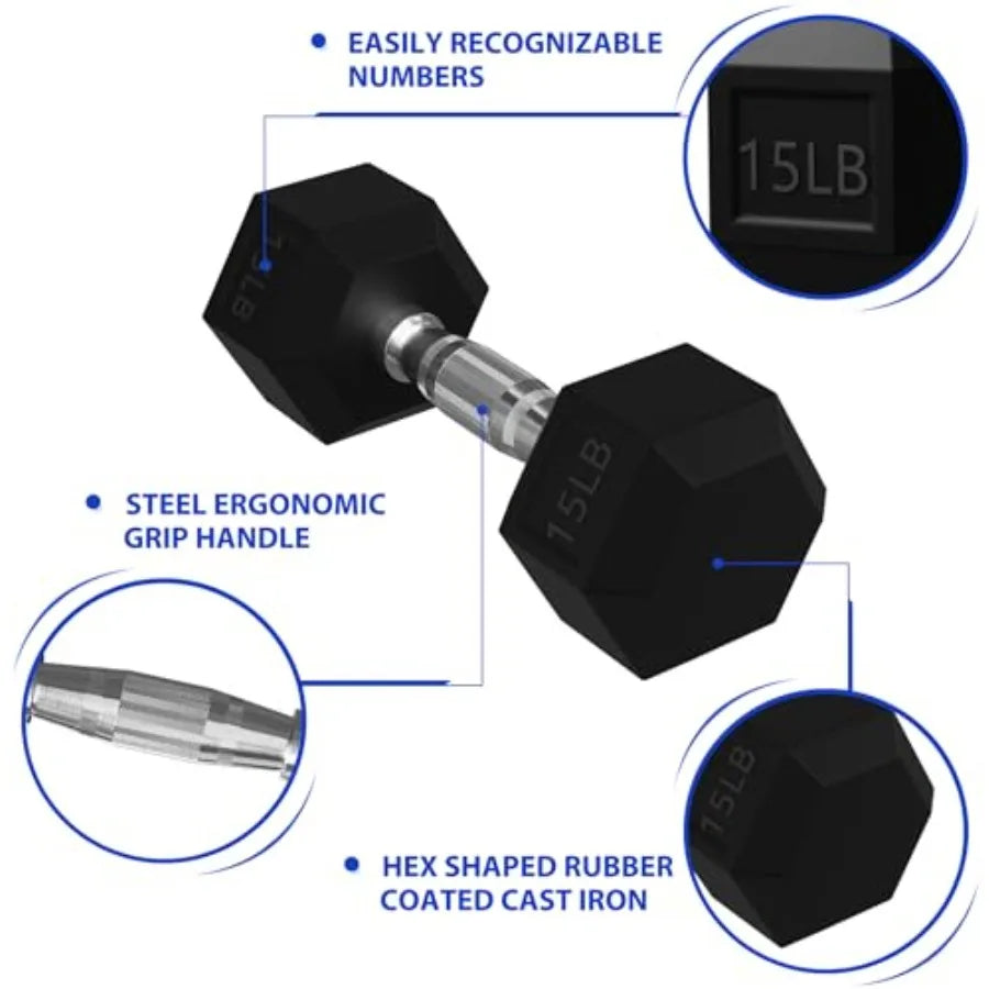 Signature Fitness Rubber Encased Hex Dumbbells with Optional Rack 10 15 20LB Pairs and 10 15 20LB Pairs Weight Sets for Home Gy