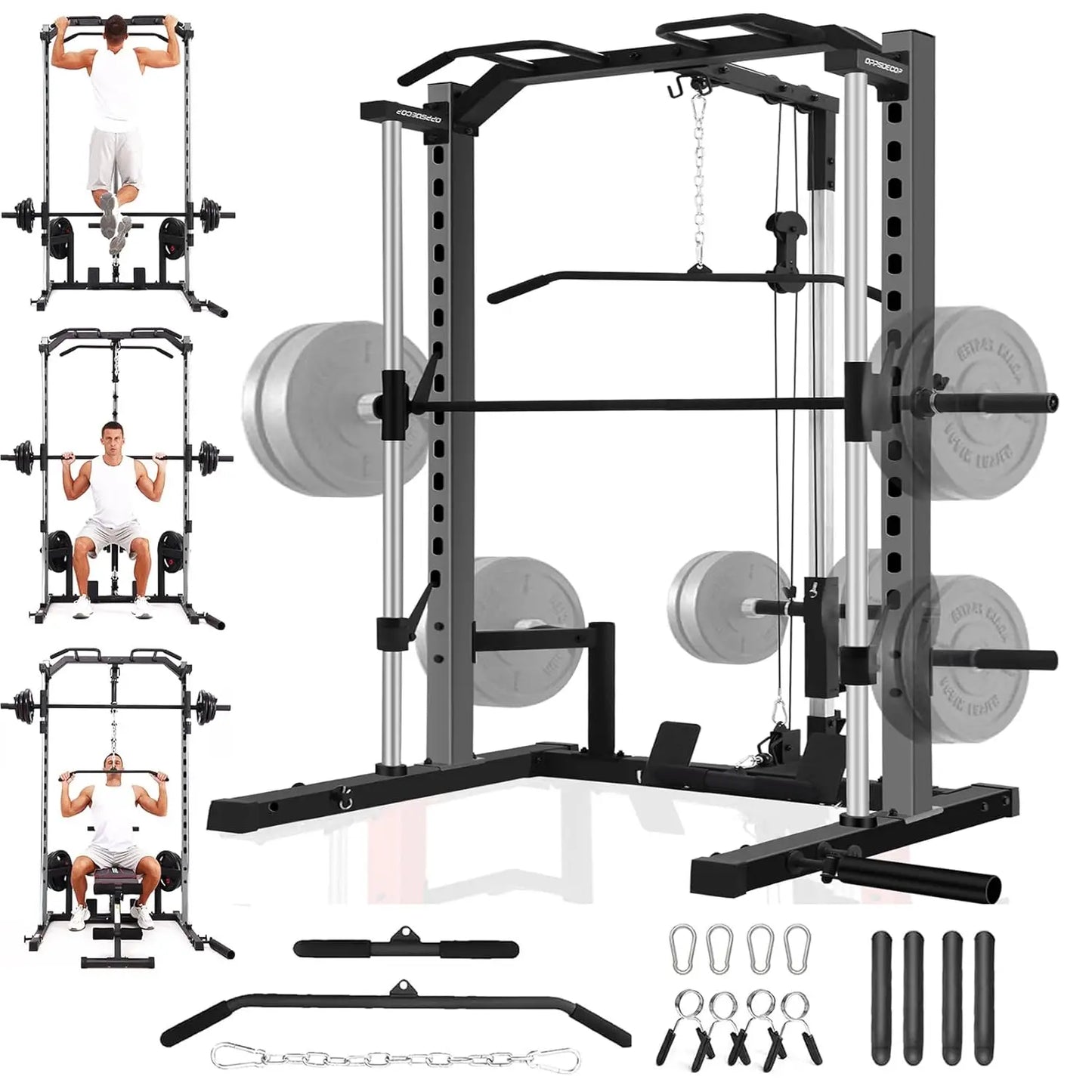 All-in-One Smith Machine Power Rack with LAT Pull Down System, Pull Up Bar, Barbell Bar, Plate Storage Pegs and, Customized