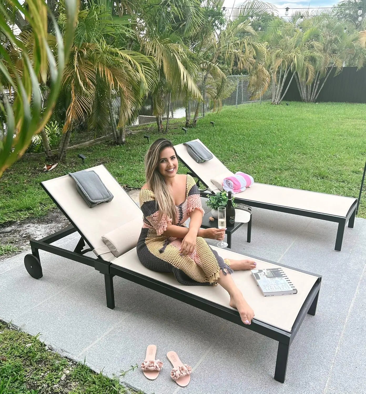 Patio Tanning Lounge Chair Set with Face Down Hole Outdoor Aluminum Adjustable Reclining Chairs Wheels Pillows and, Customized