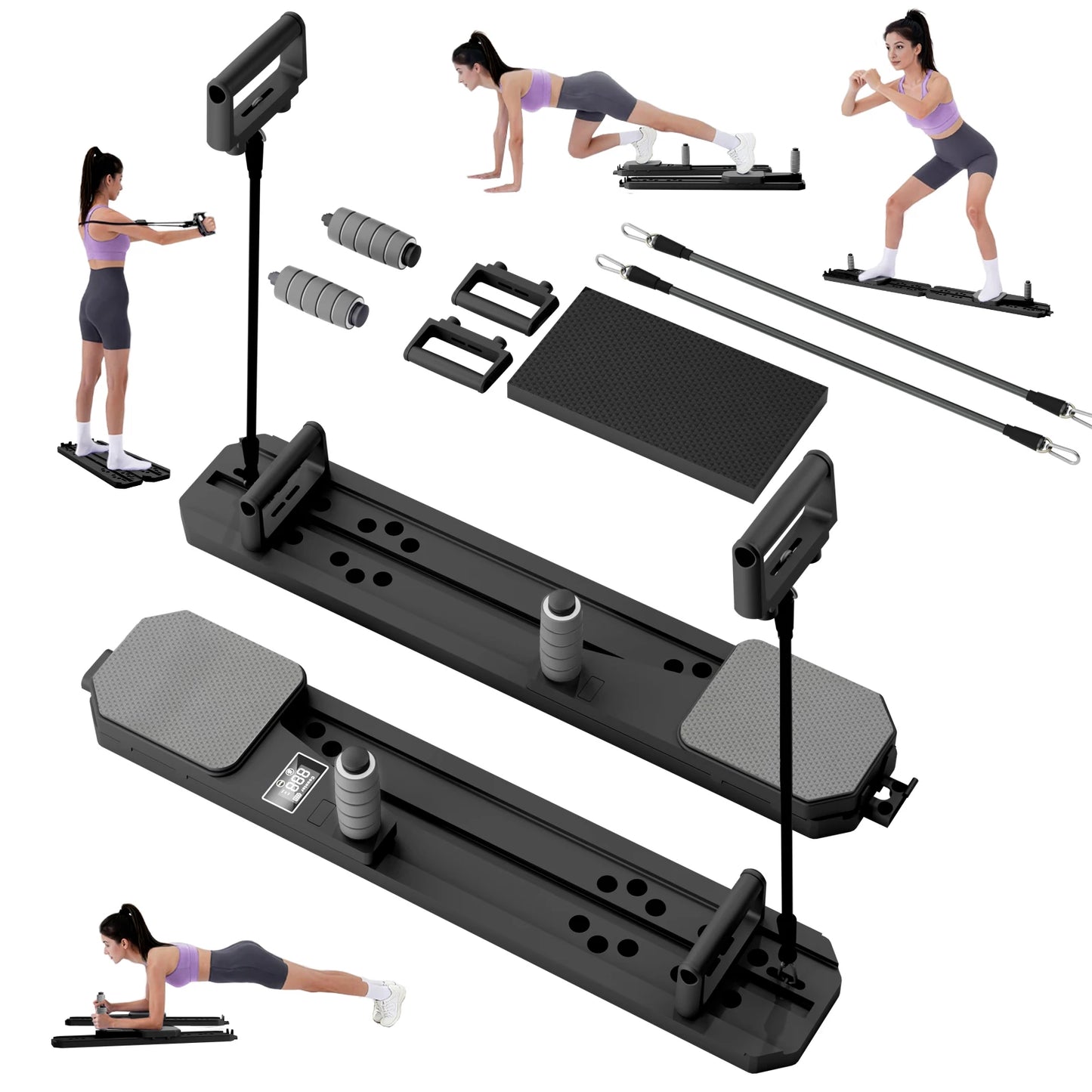 Portable Pilates Board Abdominal Fitness Equipment Push-Up Ski Balance Board Smart Reps/Kcal/Timer Display for Core Workouts