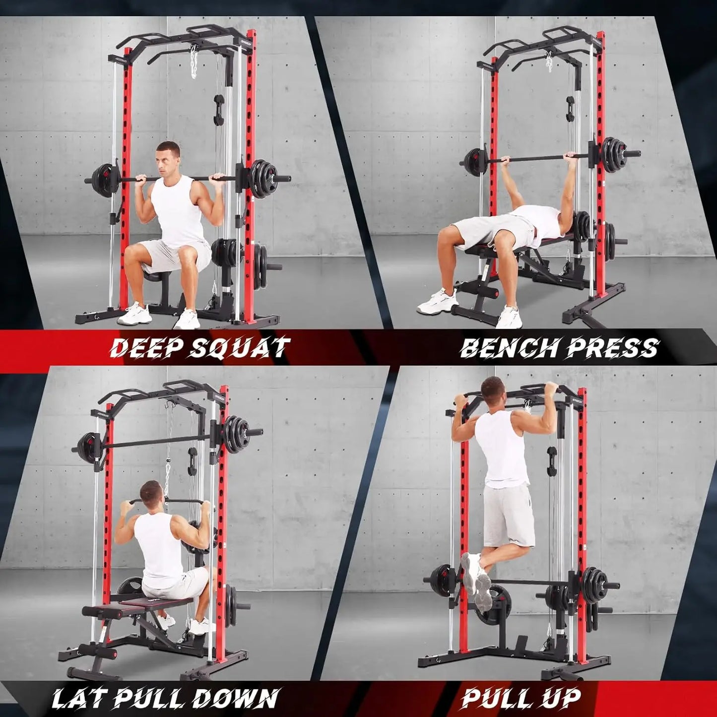 All-in-One Smith Machine Power Rack with LAT Pull Down System, Pull Up Bar, Barbell Bar, Plate Storage Pegs and, Customized