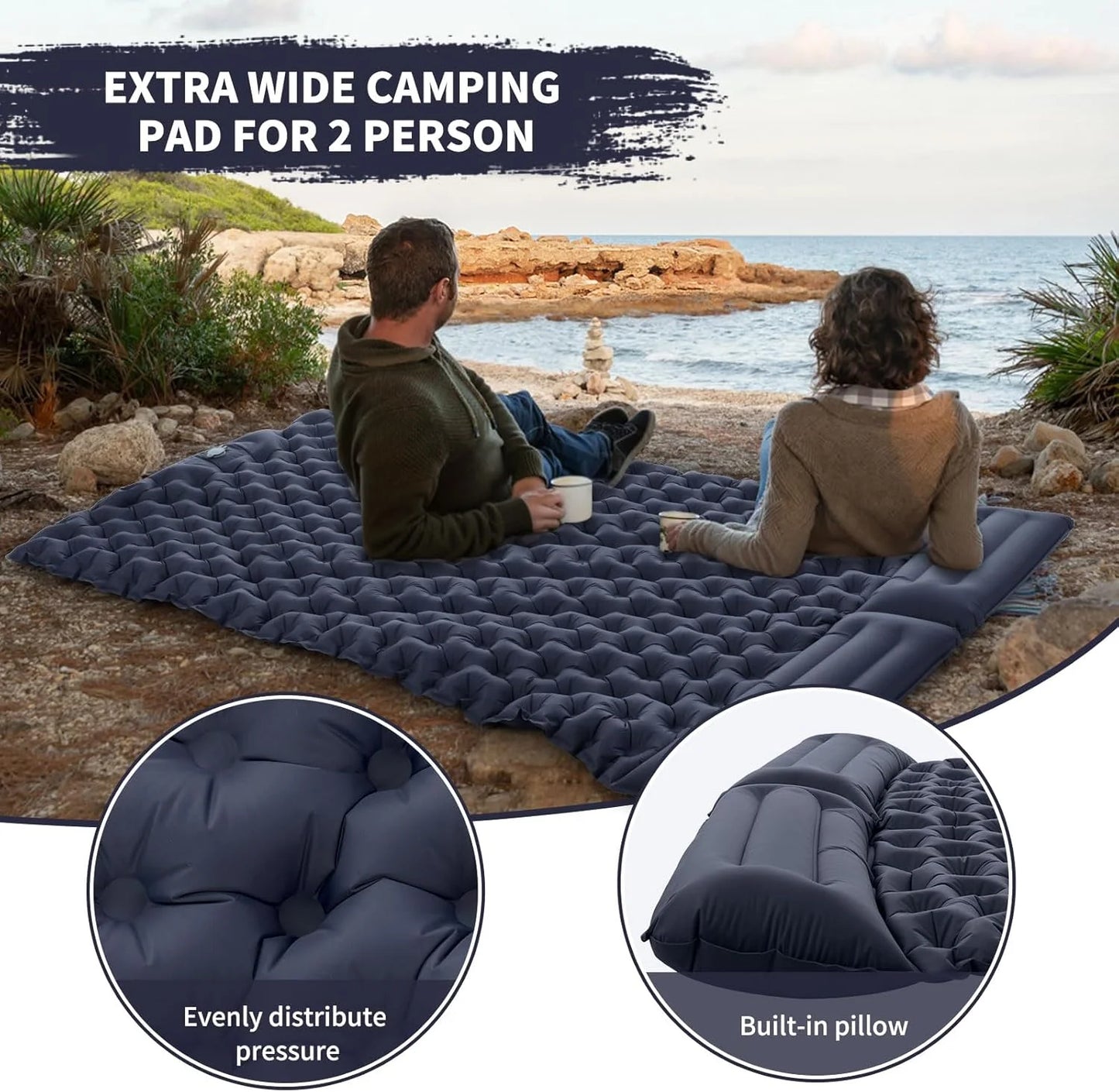 Double Inflatable Mattress with Built-in Pillow Pump Outdoor Sleeping Pad Camping Air Mat for Travel Backpacking Hiking