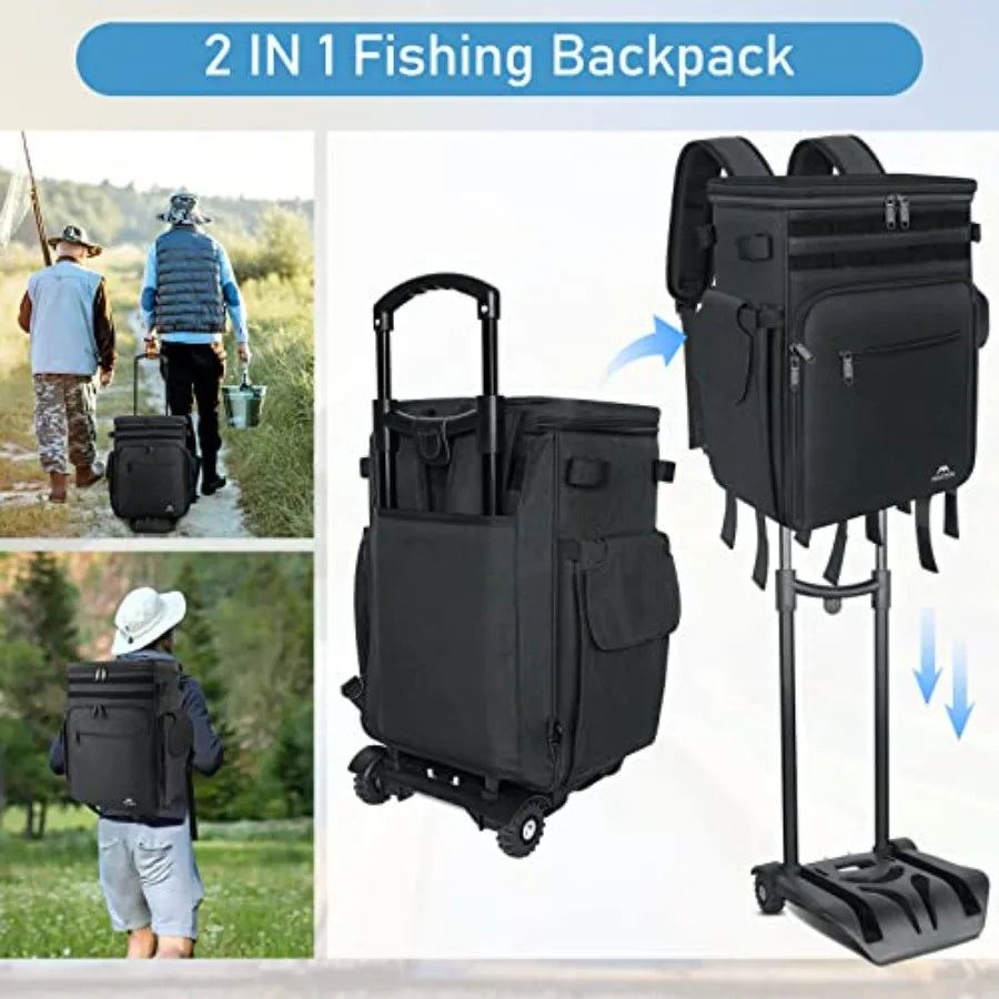 Rolling Tackle Box with Cooler Large Fishing Bag with Wheels for 5 Trays Saltwater Resistant Tackle Backpack with Rod Ho