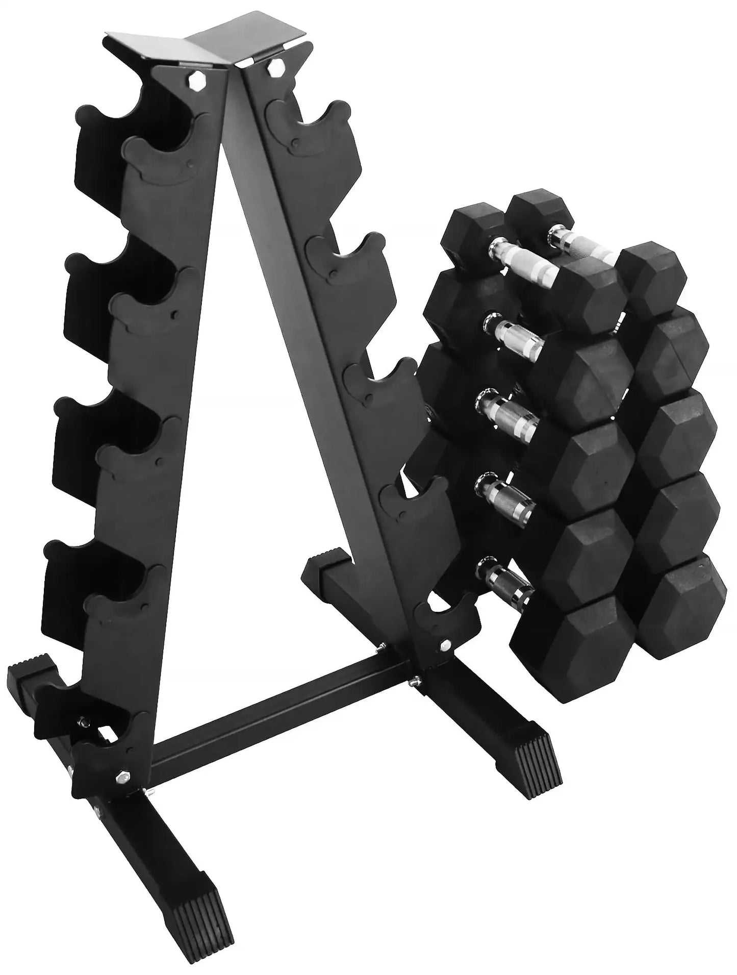 150LB Rubber Coated Hex Dumbbell Weight Set with A-Frame Rack, 5-25 lbs Pairs