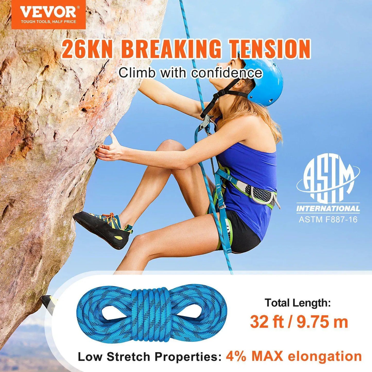 32ft 10mm Ultra Strong Static Climbing Rope 26KN Resistance 4% Stretch Protection Rope with 2 Clips and Bag