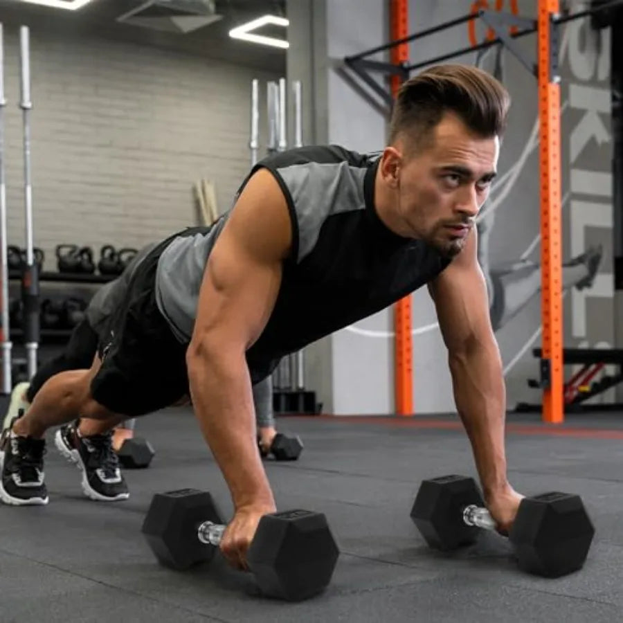 Signature Fitness Rubber Encased Hex Dumbbells with Optional Rack 10 15 20LB Pairs and 10 15 20LB Pairs Weight Sets for Home Gy