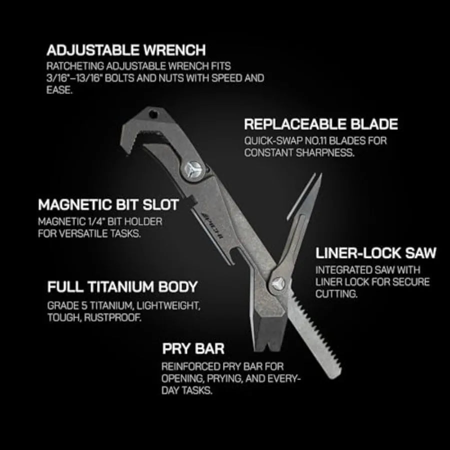 X2S Titanium 6-in-1 Multitool Clip with Wrench Pry Bar Crowbar Screwdriver Pocket Knife Bottle Opener for Camping Hiking EDC To