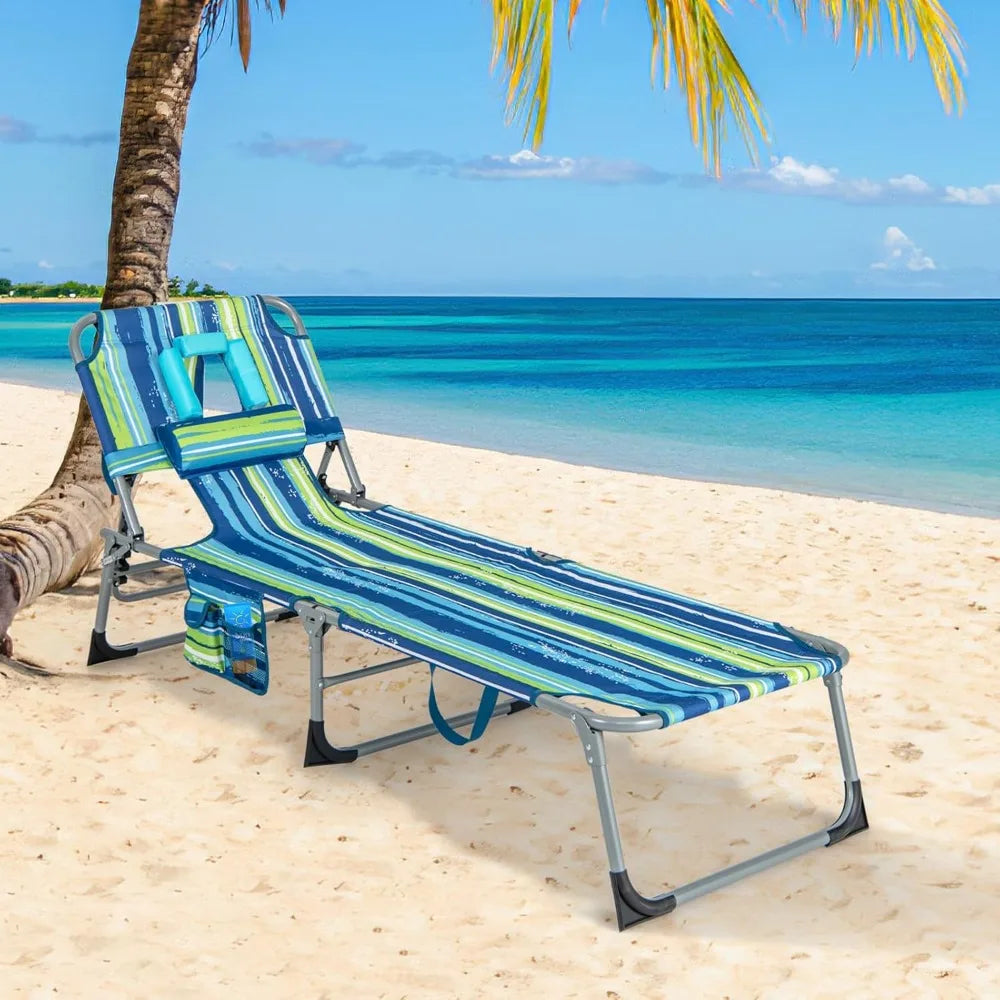 Tanning Chair, Folding Adjustable Patio Lounge Chair with Face Hole, Removable Pillow, Carry Strap, Customized