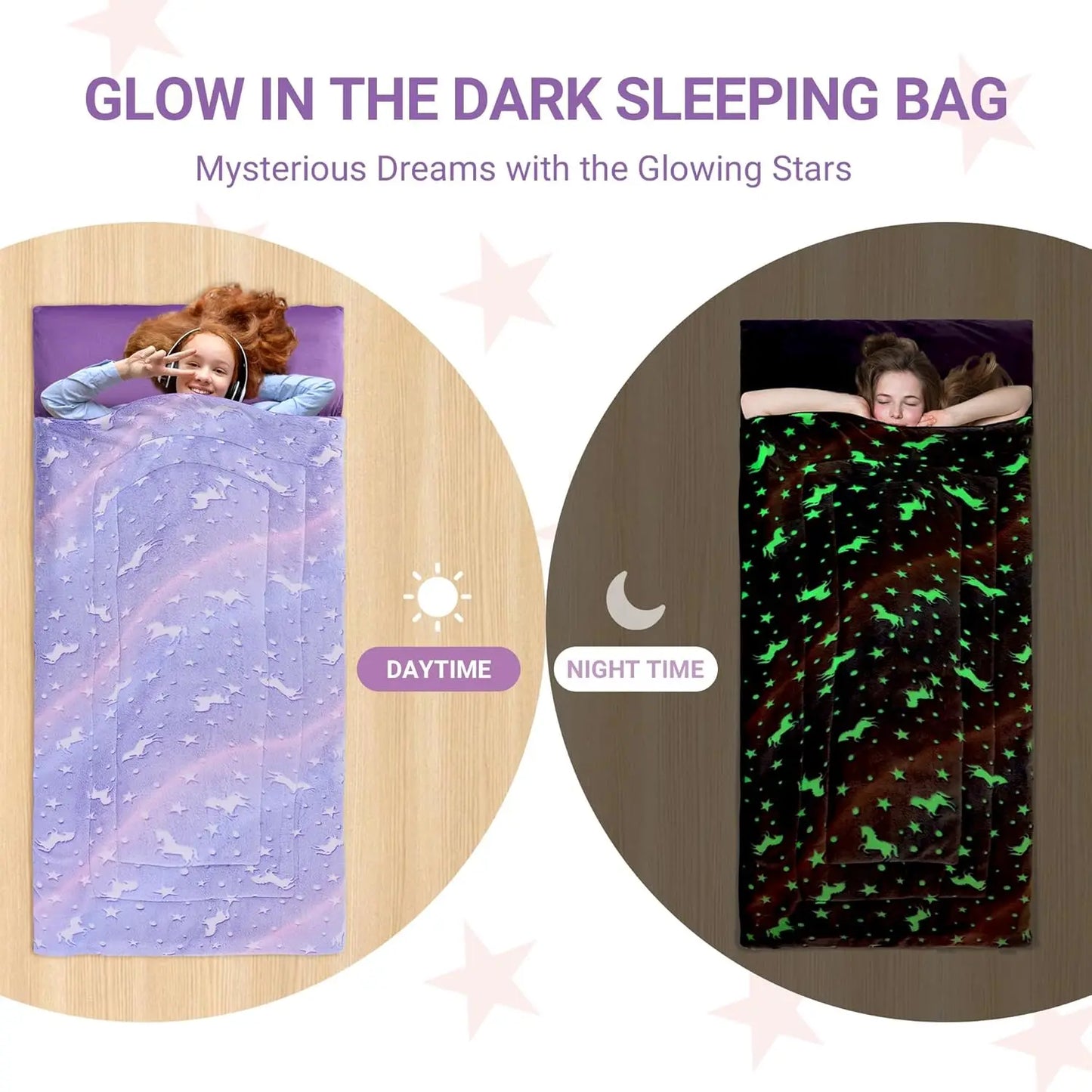 Glow in The Dark Sleeping Bag for Kids 10-12 Years, Soft Nap Mat with Pillow & Blanket for Travel Camping