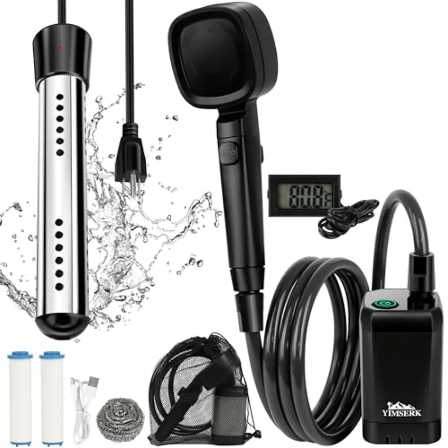 6000mAh Portable Shower for Camping with 2000W Immersion Water Heater Rechargeable Camp Shower Pump 4-Mode Filtered Head LED Di