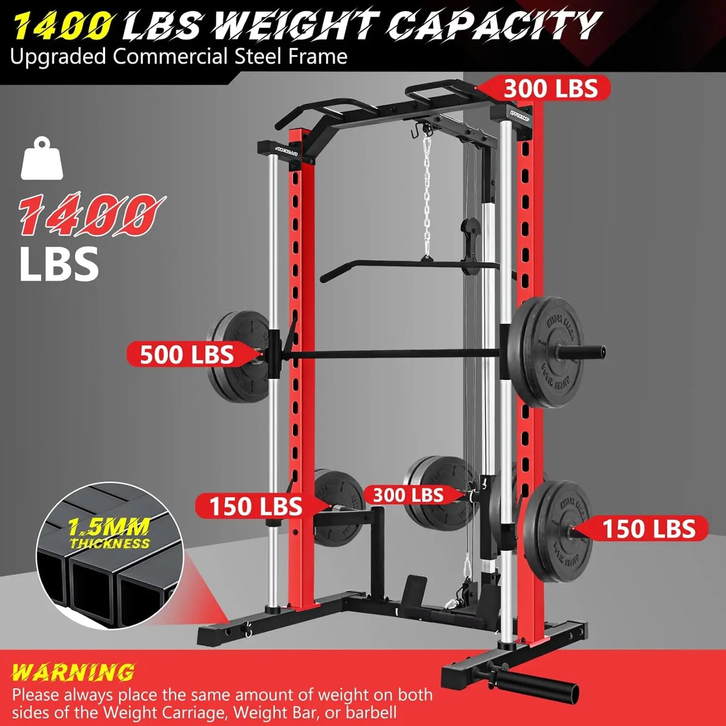 All-in-One Smith Machine Power Rack with LAT Pull Down System, Pull Up Bar, Barbell Bar, Plate Storage Pegs and, Customized