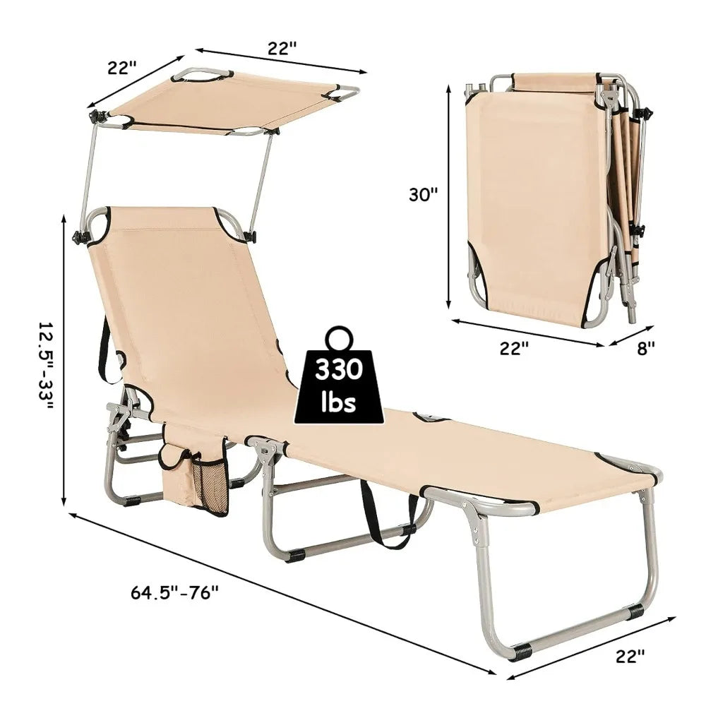 Lounge Chair Outdoor with Canopy, 330LBS Portable Tanning Chair with Adjustable Backrest, Carry Straps & Side, Customized