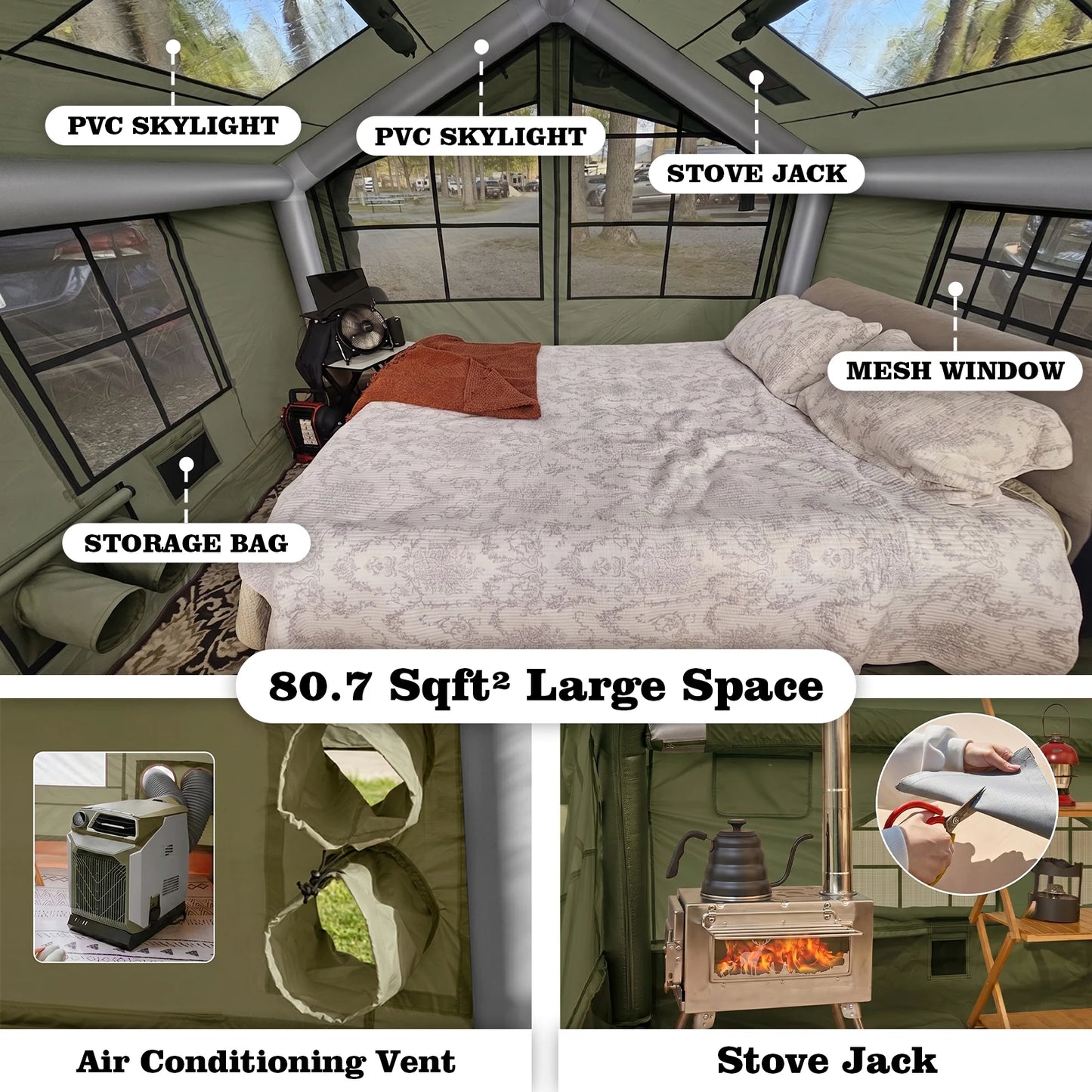 12'x10' Inflatable Tent House with Rainfly/Canopy for 4-6 Person,4 Season Blow up Tent with Tarp Waterproof Easy Setup Air Tent