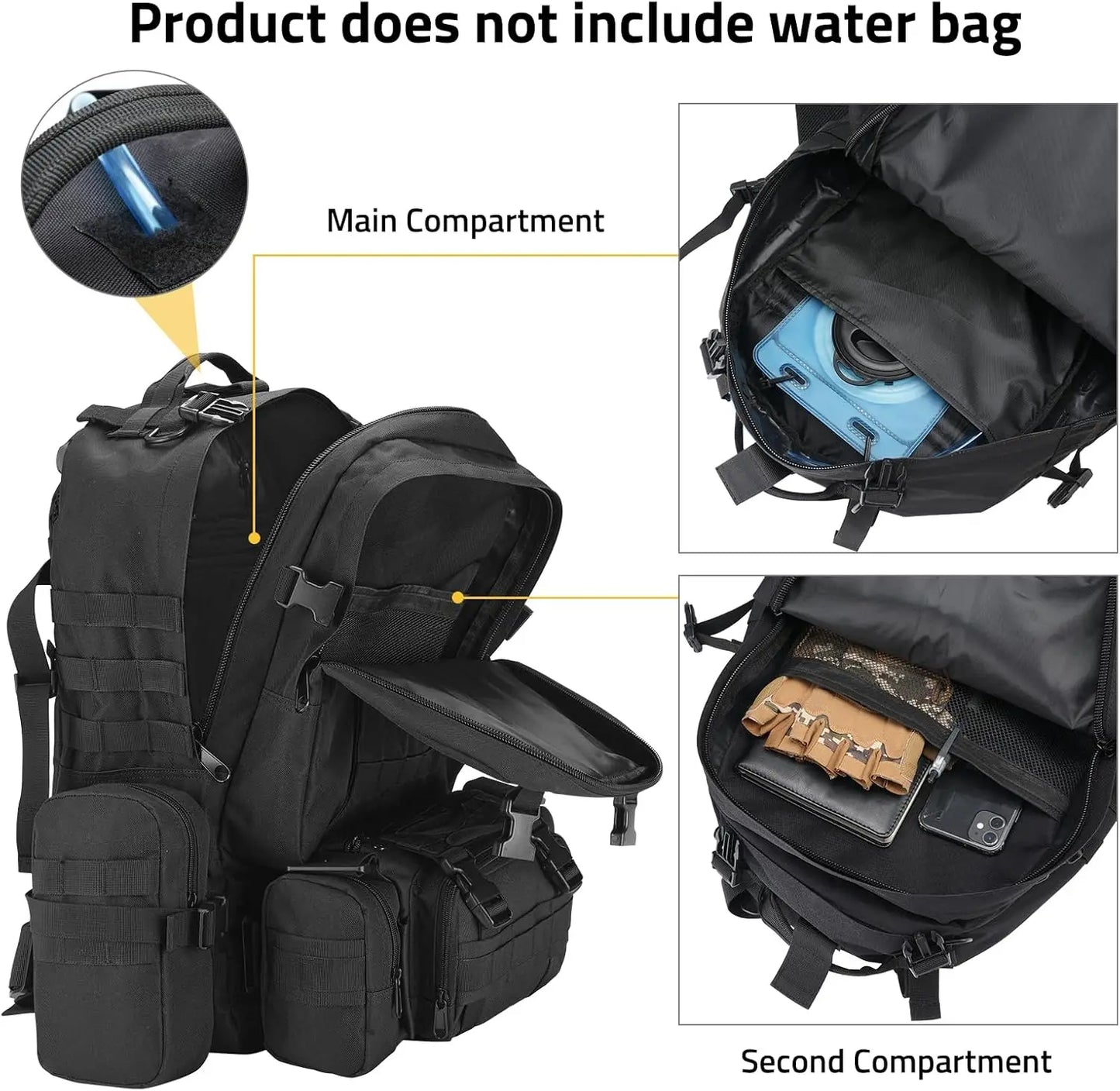 60L Tactical Backpack Men Women Military Rucksack with D-Ring Molle, Compass, 3-Day Bug Out Survival Hiking Camping Daypack, Bla