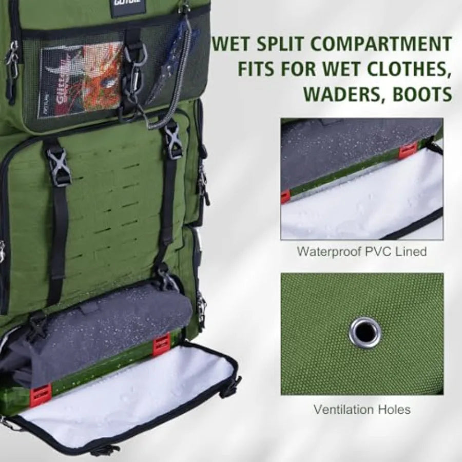 Fishing Backpack with Cooler 72L Large 600D Tackle Backpack with Rod Holders Dry Wet Split Compartment Adjustable Main Compartm